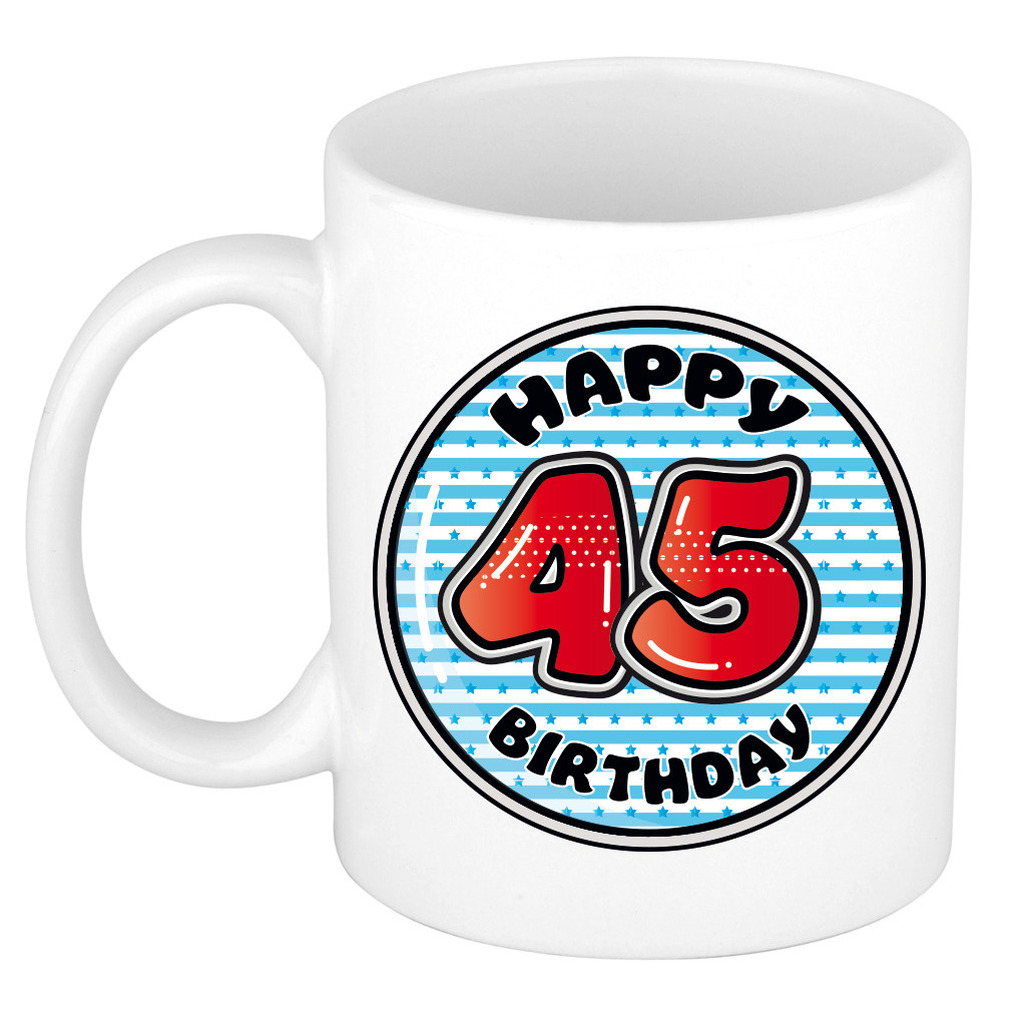 Verjaardag cadeau mok - 45 jaar - blauw - gestreept - 300 ml - keramiek -