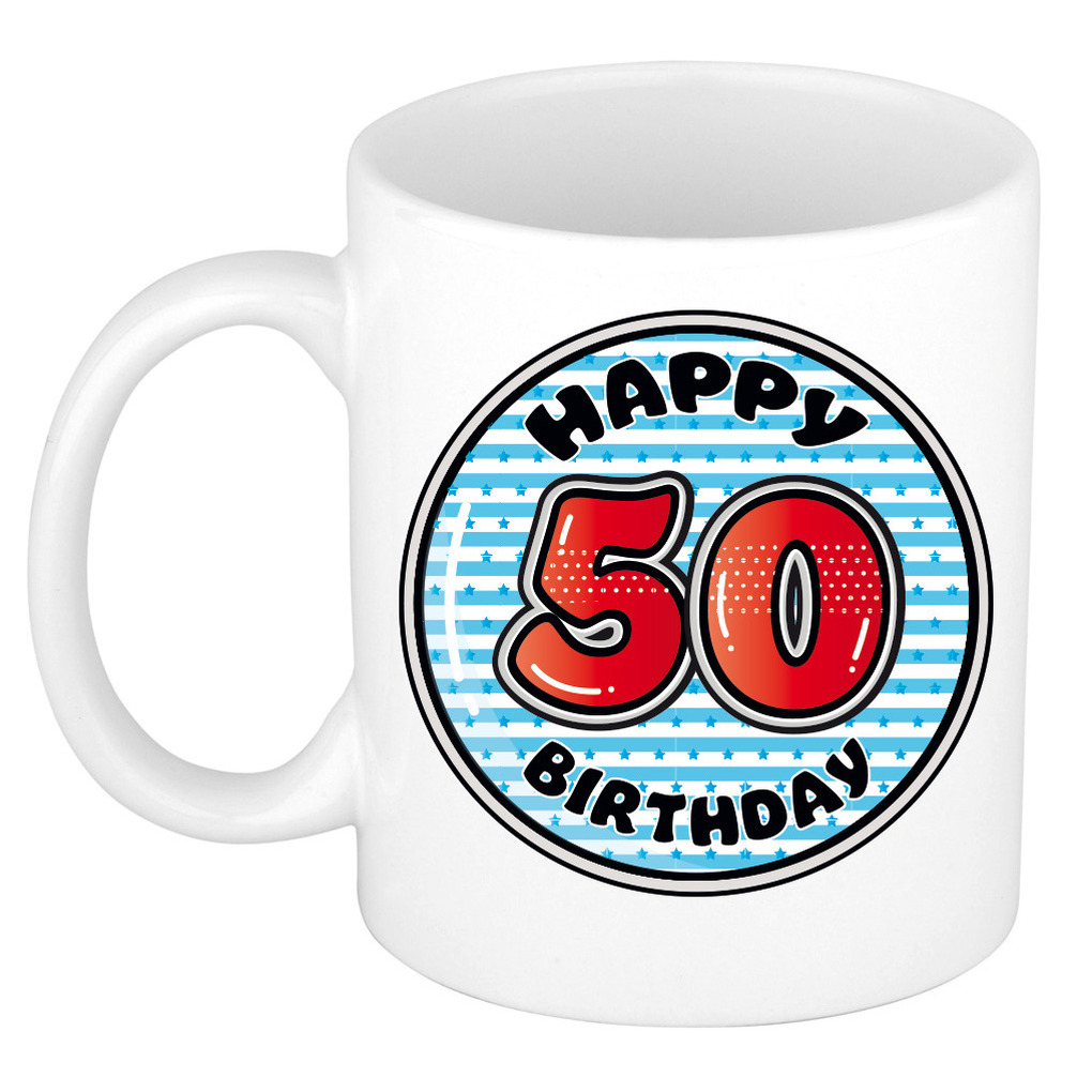Verjaardag cadeau mok - 50 jaar - blauw - gestreept - 300 ml - keramiek - Abraham -