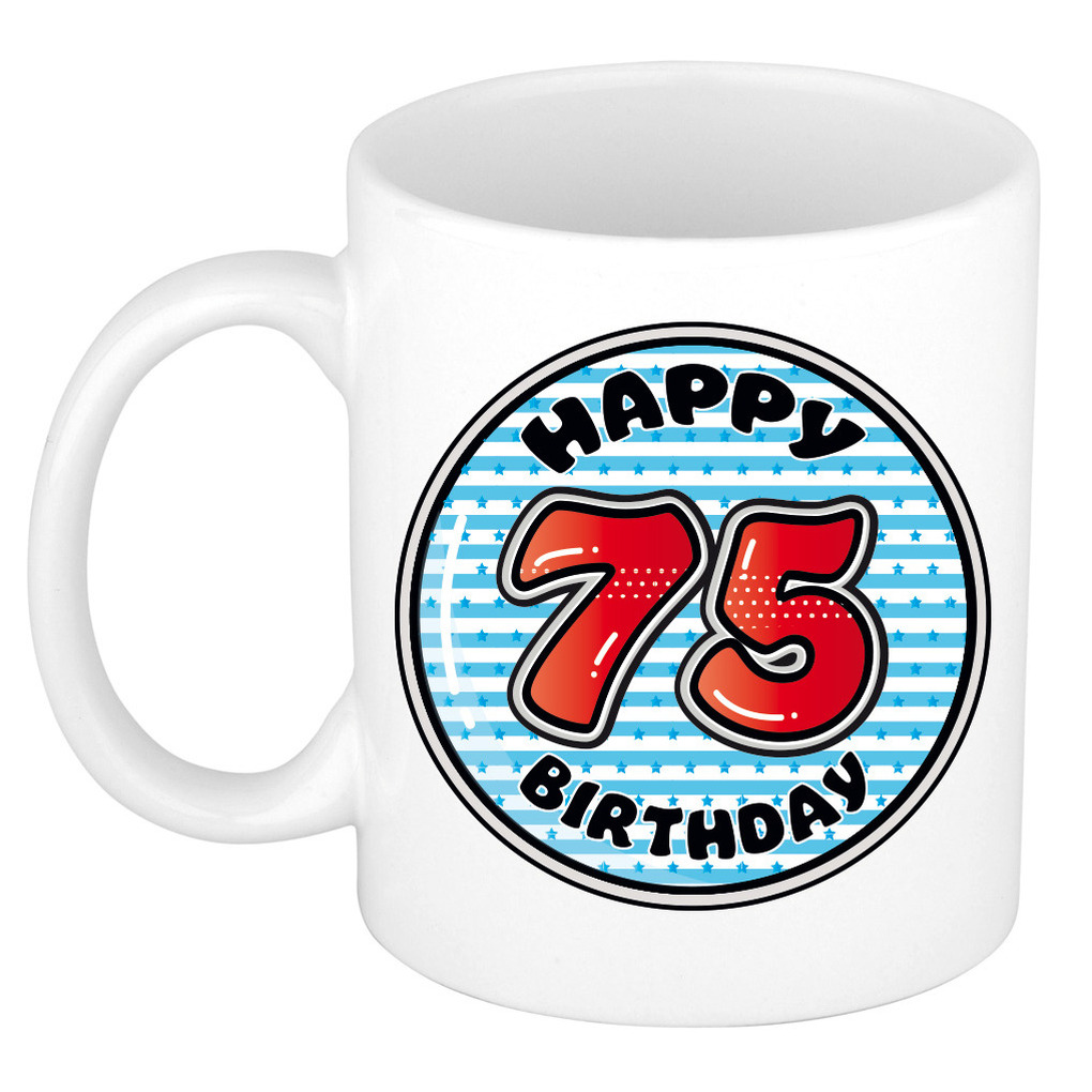 Verjaardag cadeau mok - 75 jaar - blauw - gestreept - 300 ml - keramiek -
