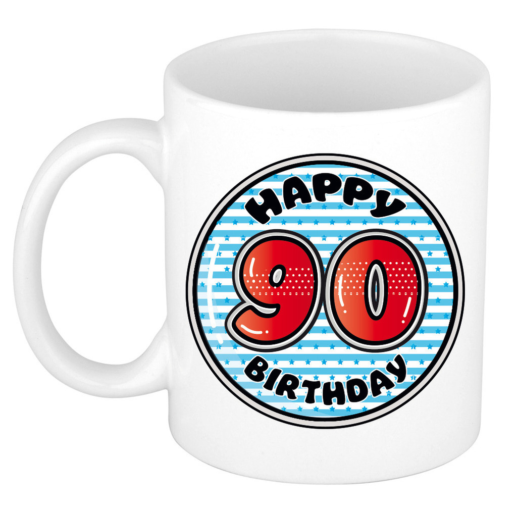 Verjaardag cadeau mok - 90 jaar - blauw - gestreept - 300 ml - keramiek -