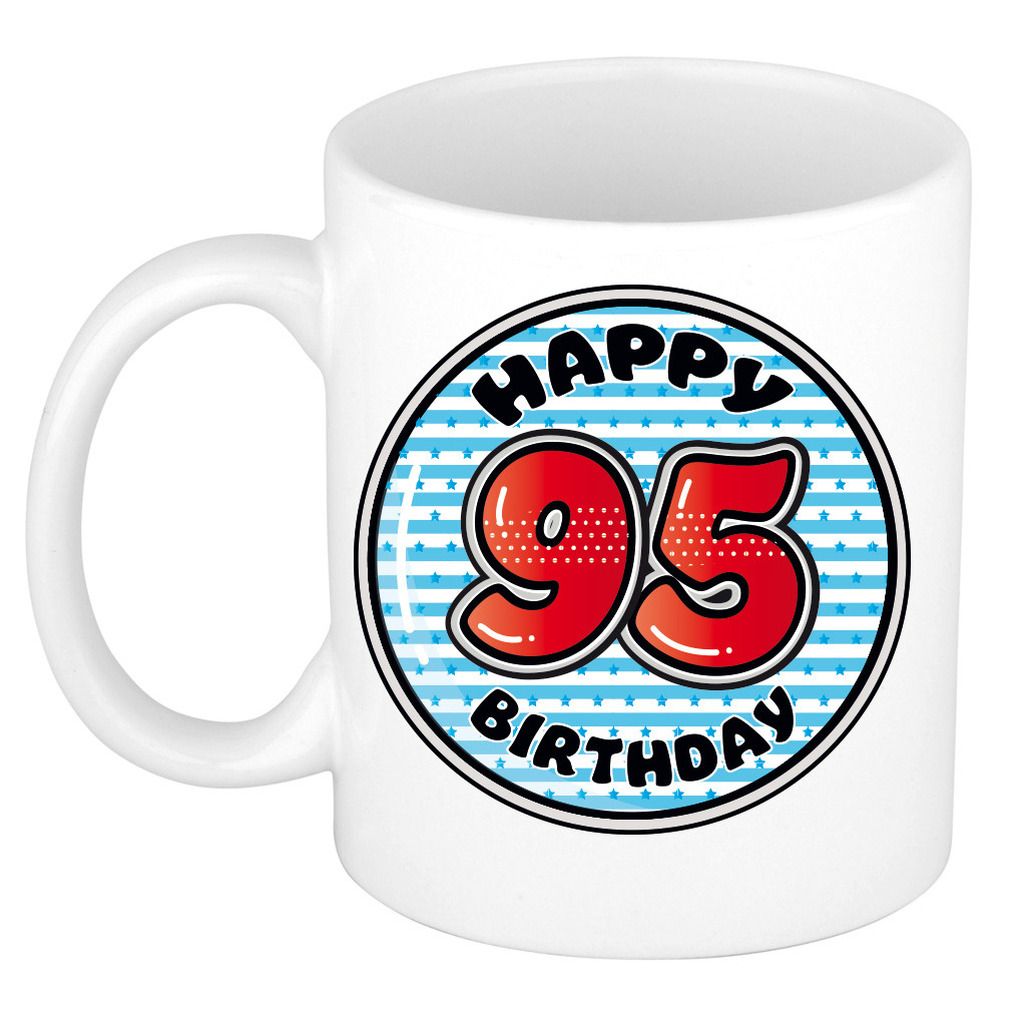 Verjaardag cadeau mok - 95 jaar - blauw - gestreept - 300 ml - keramiek -