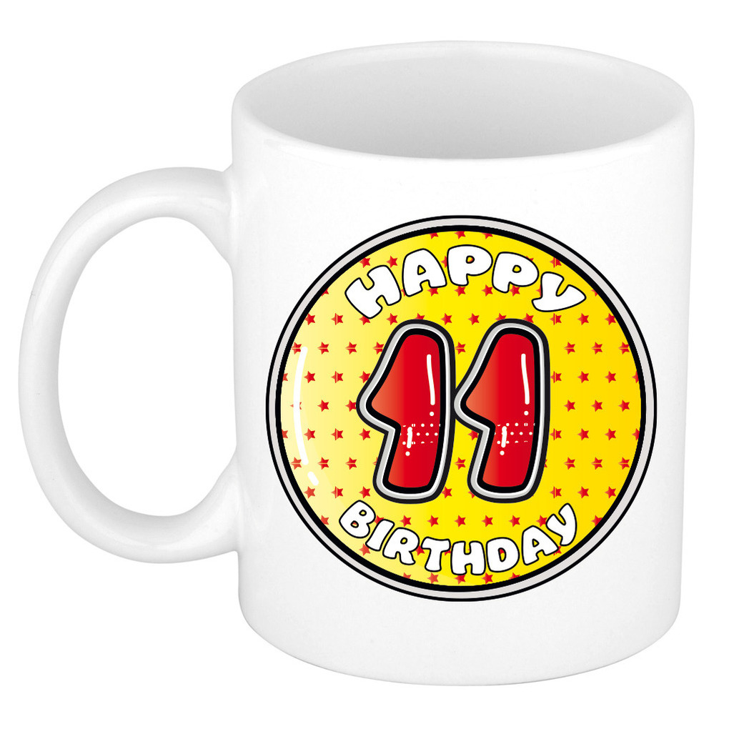 Verjaardag cadeau mok - 11 jaar - geel - sterretjes - 300 ml - keramiek -