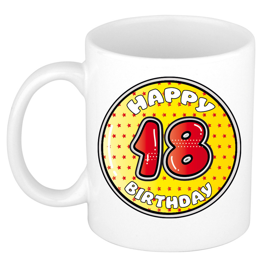 Verjaardag cadeau mok - 18 jaar - geel - sterretjes - 300 ml - keramiek -