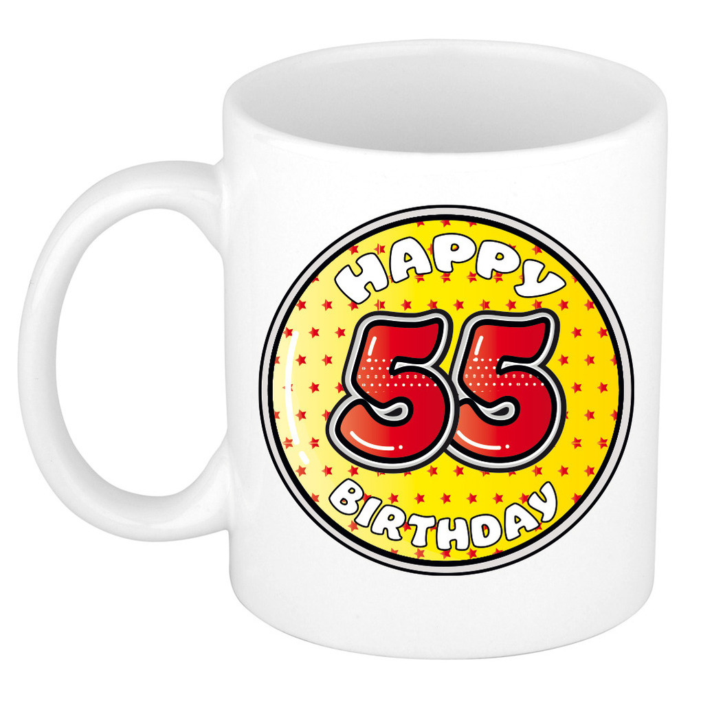 Verjaardag cadeau mok - 55 jaar - geel - sterretjes - 300 ml - keramiek -