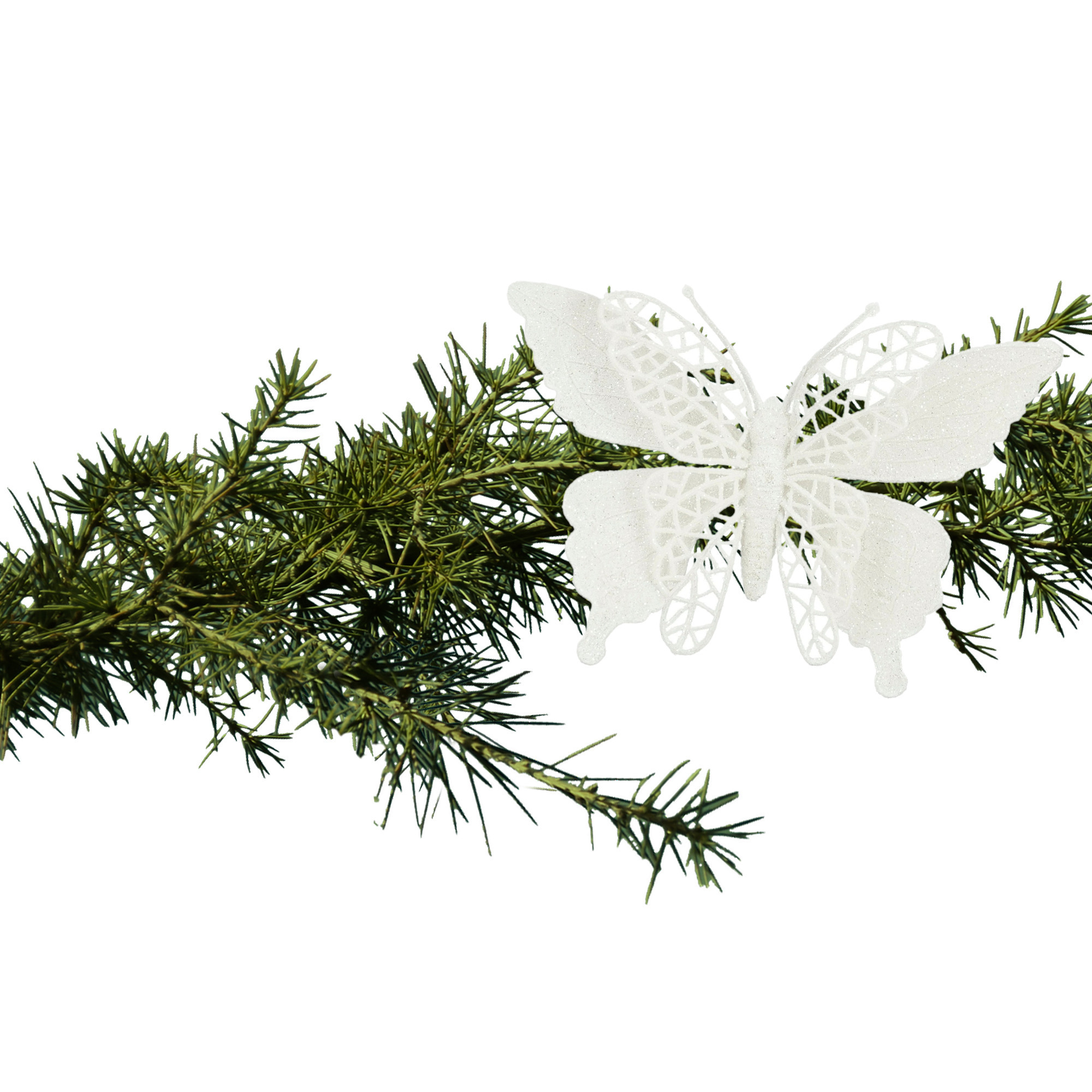 Kerstboomversiering vlinders op clip - 2x st - wit - 16 cm - kunststof -