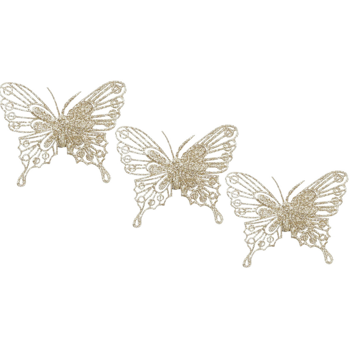 Kerstboomversiering vlinders op clip - 3x stuks - champagne - 10 cm - kunststof -
