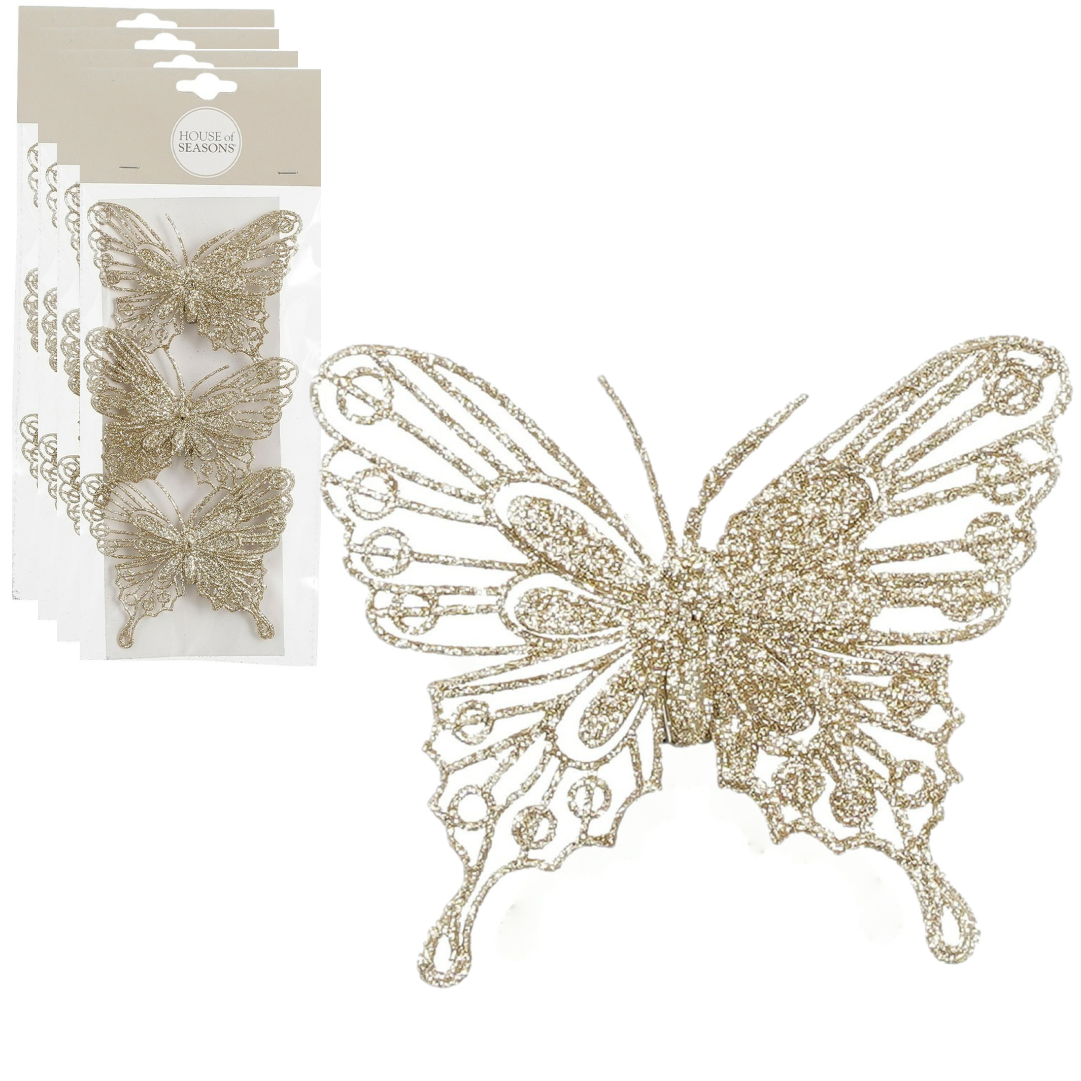 Kerstboomversiering vlinders op clip - 12x stuks - champagne - 10 cm - kunststof -