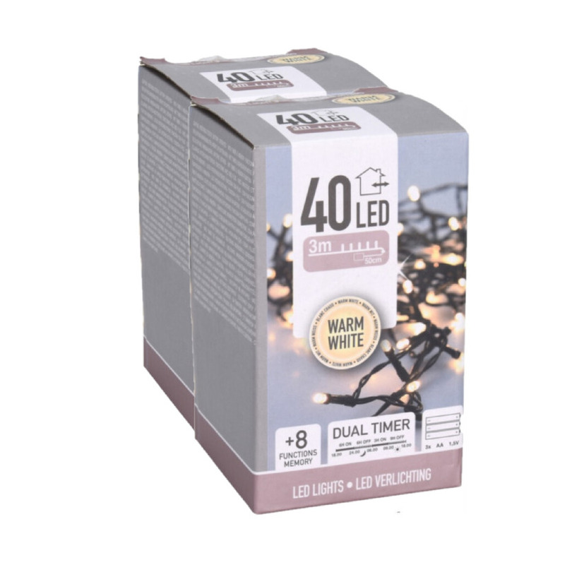 Kerstverlichting lichtsnoeren - 2x - warm wit- 40 leds -300 cm - batterij -