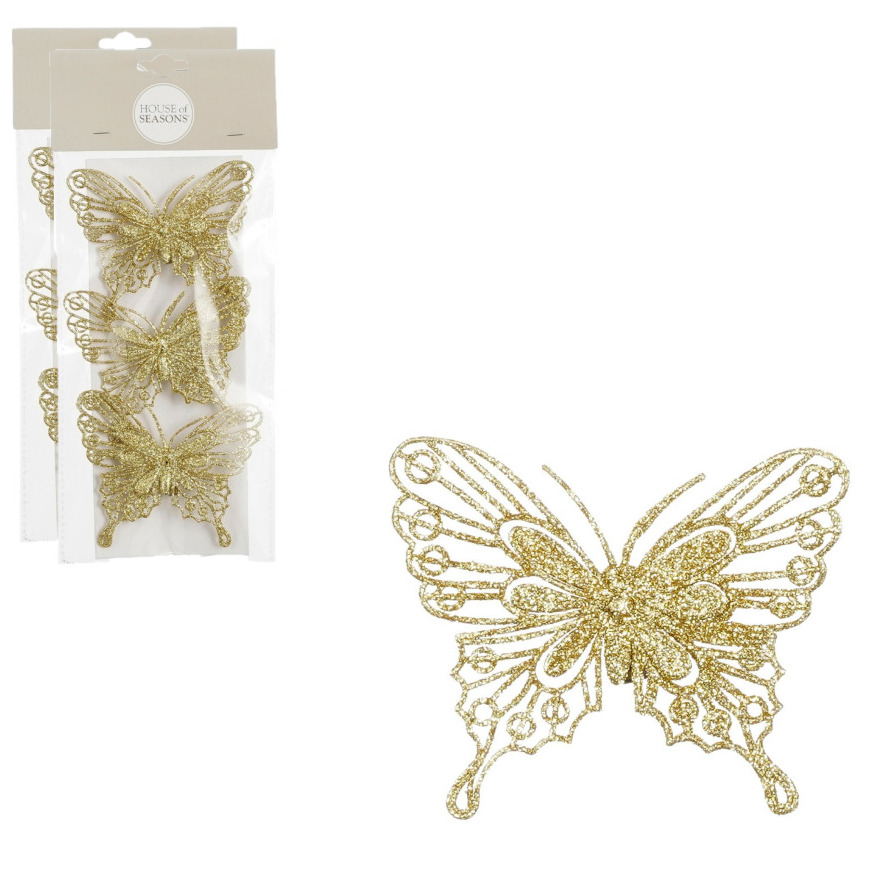 Kerstboomversiering vlinders op clip - 6x stuks - goud - 10 cm - kunststof -