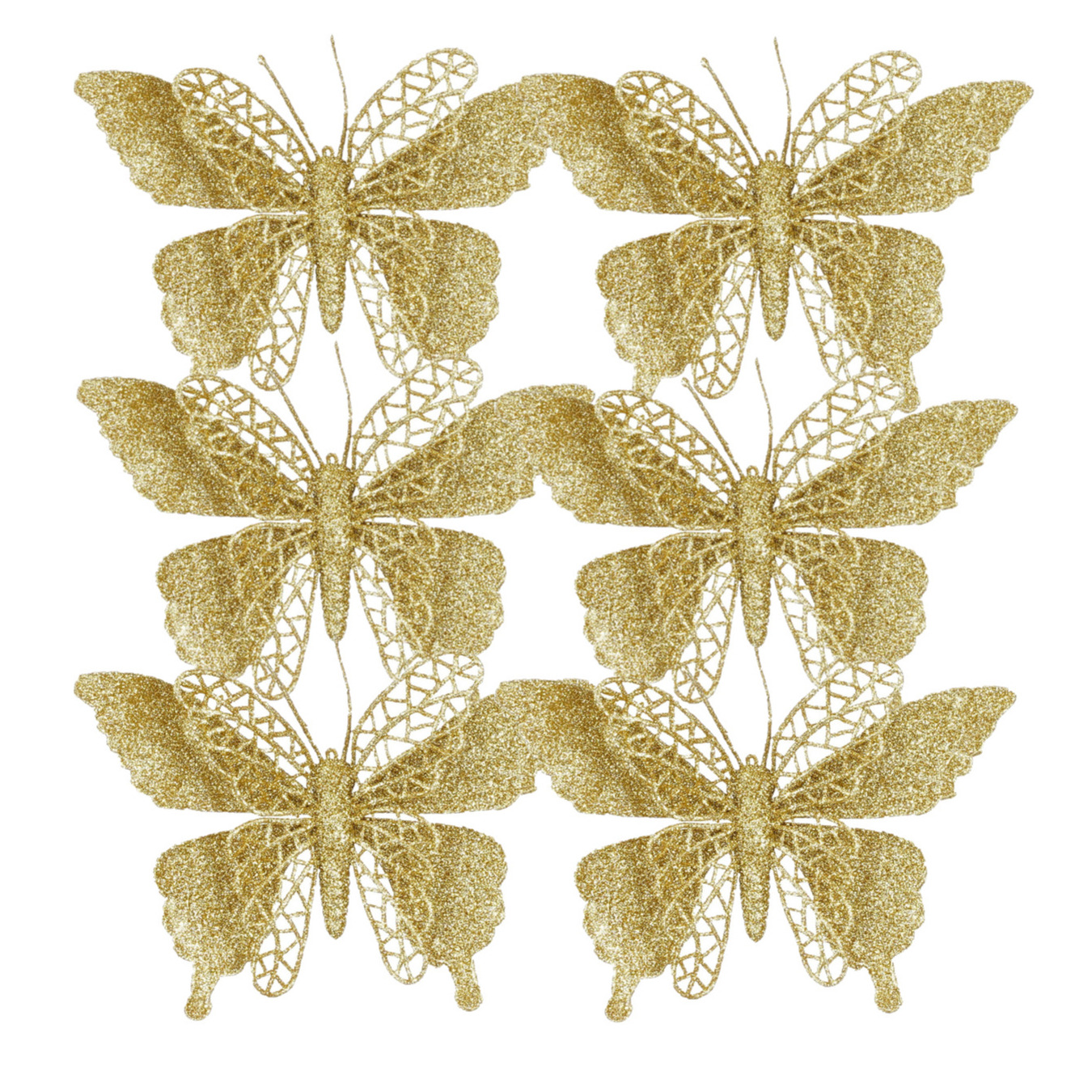 Kerstboomversiering vlinders op clip - 6x st - goud - 16 cm - kunststof -