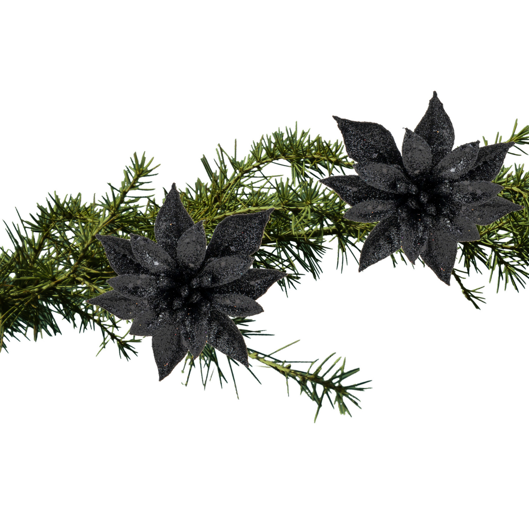 Kerstboom decoratie bloemen op clip - 2x st- zwart - 8 cm - glitters - kunststof -