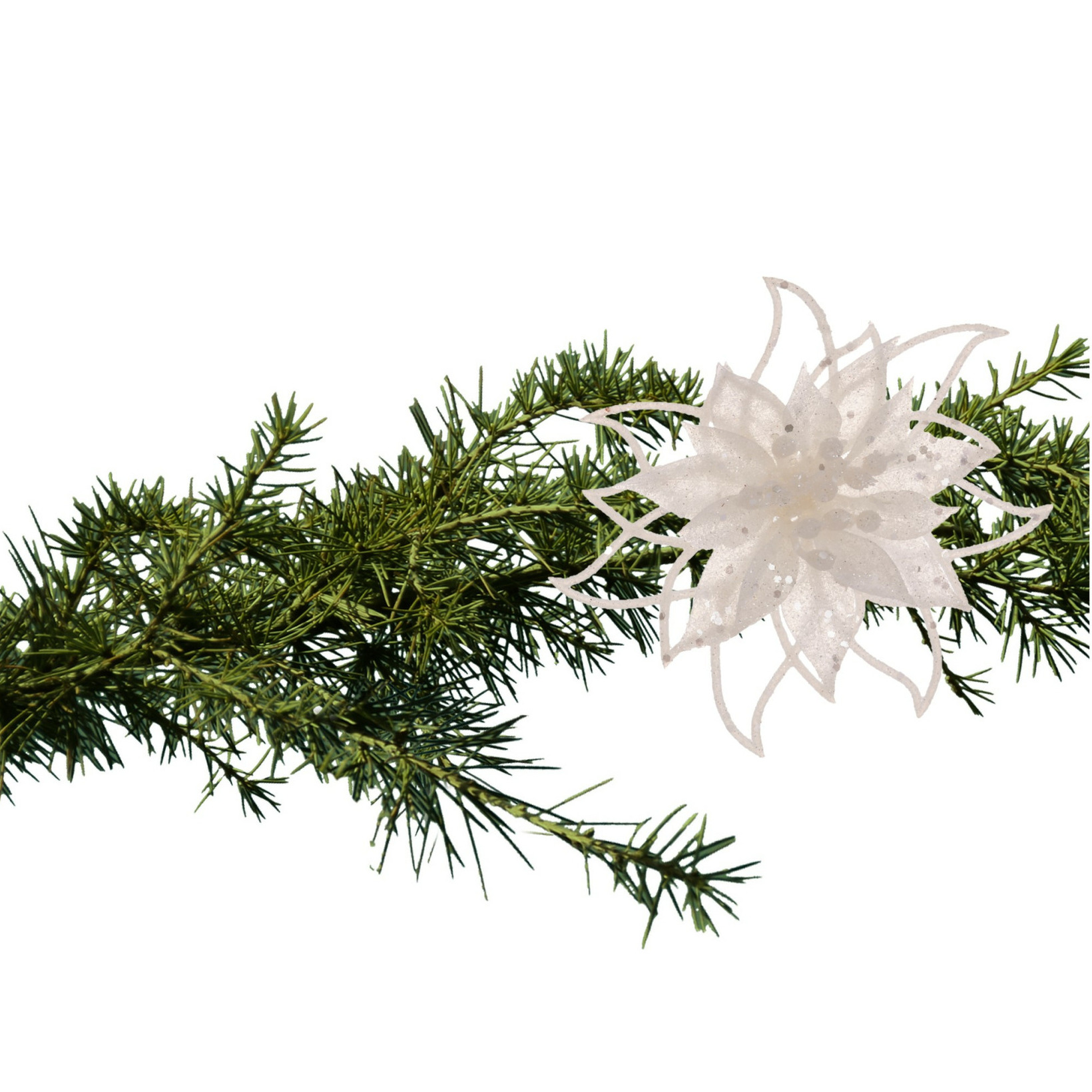 Kerstboomversiering bloem op clip - wit - 14 cm - glitters - kunststof -