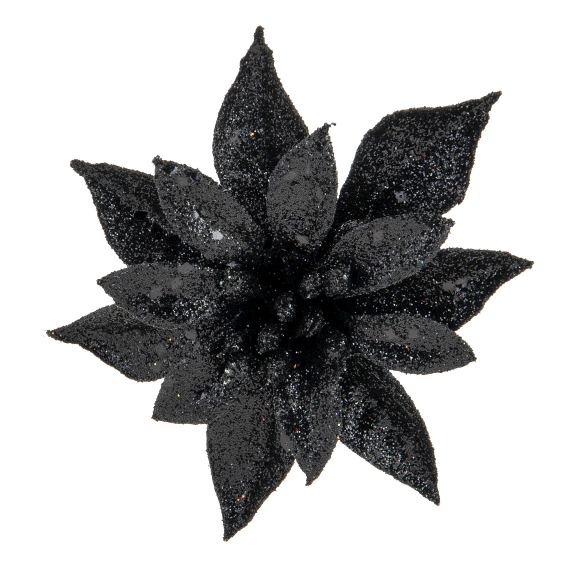 Kerstboom decoratie bloem op clip - zwart - 8 cm - glitters - kunststof -