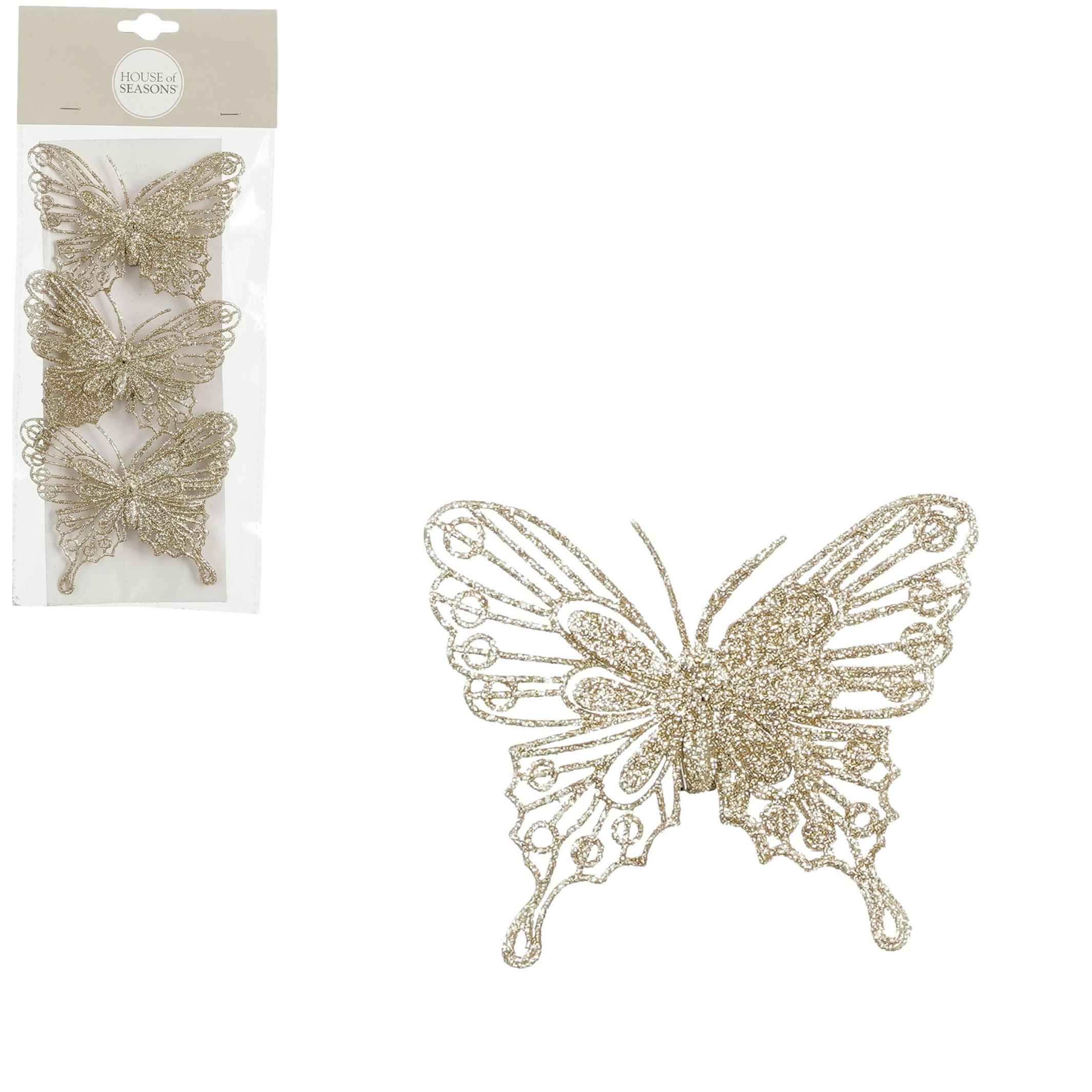 Kerstboomversiering vlinders op clip - 6x stuks - champagne - 10 cm - kunststof -