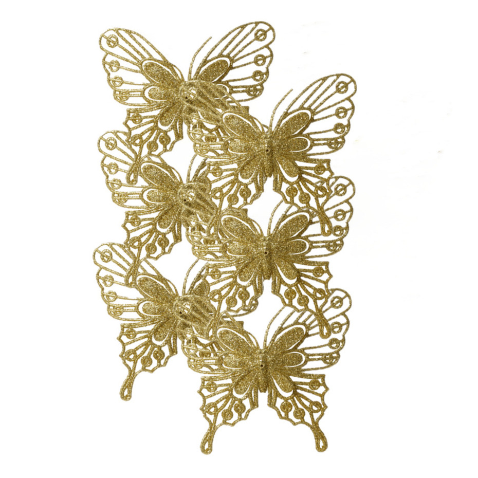 Kerstboom decoratie vlinders op clip - 6x - goud - 13 cm - glitter -
