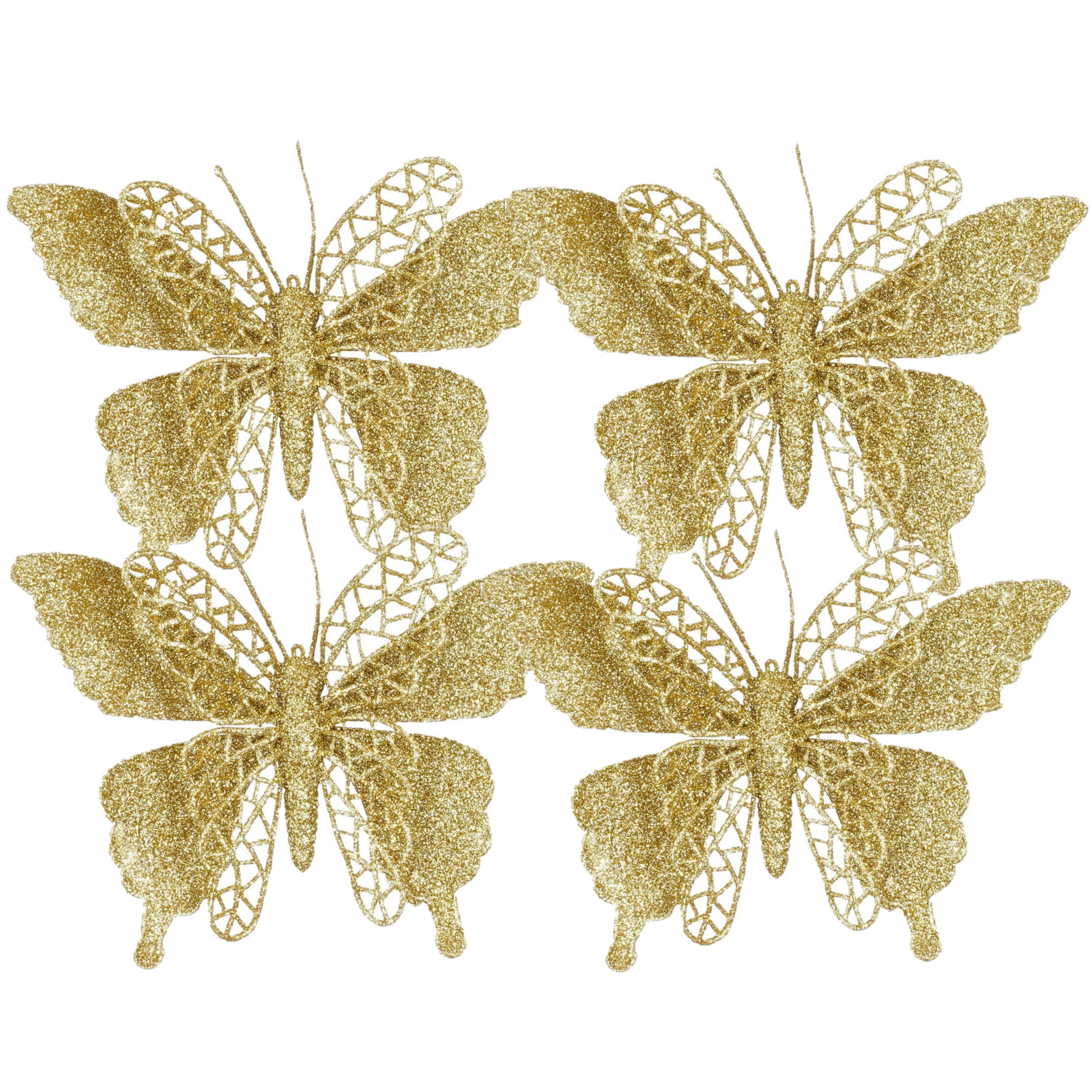 Kerstboomversiering vlinders op clip - 4x st - goud - 16 cm - kunststof -