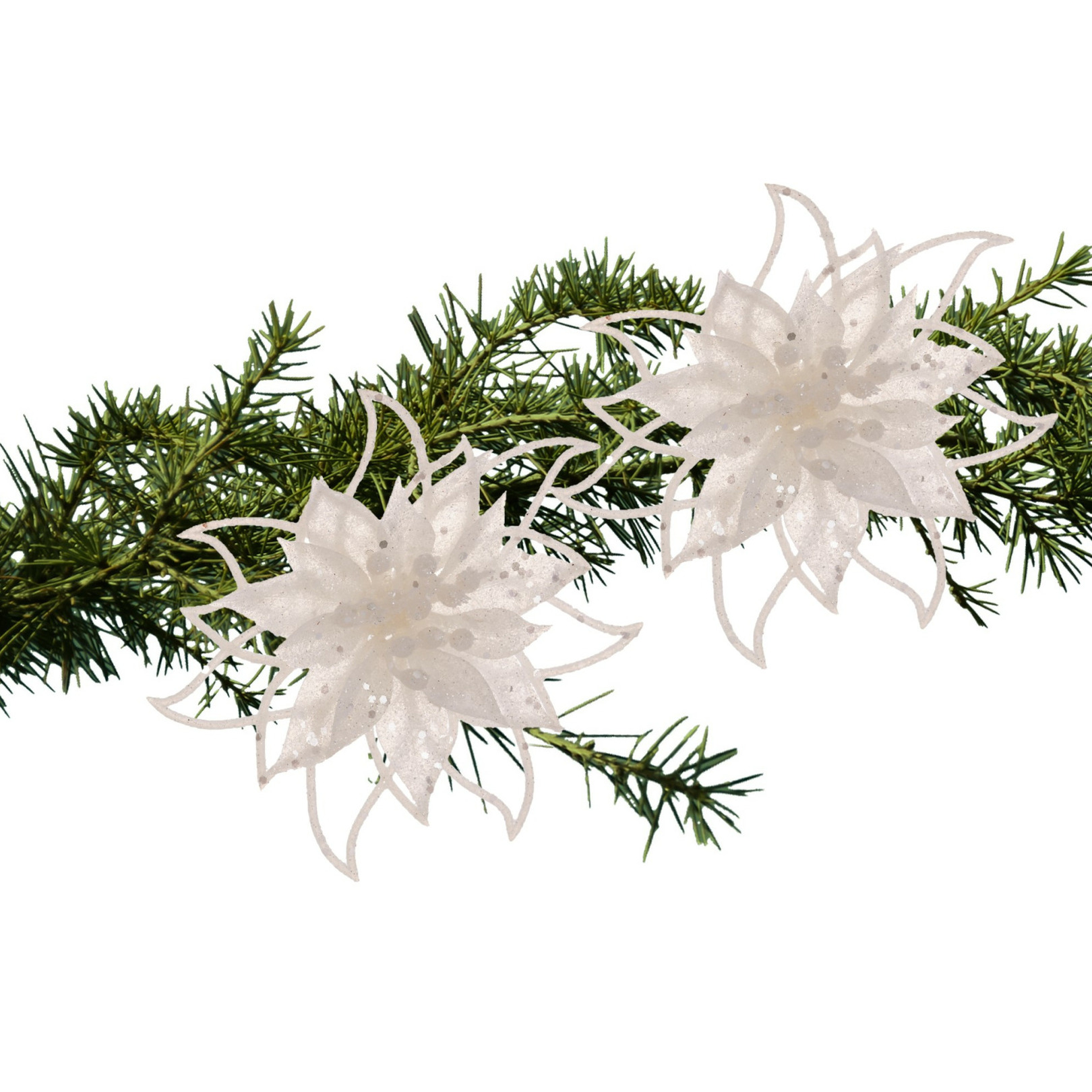 Kerstboomversiering bloemen op clip - 2x st- wit - 14 cm - glitters -