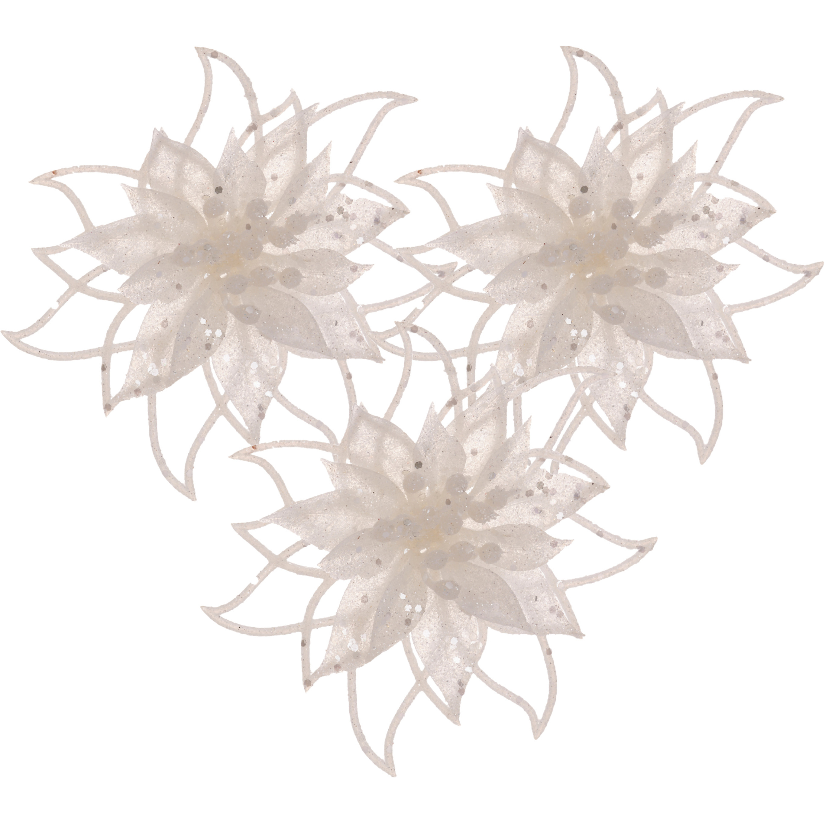 Kerstboomversiering bloemen op clip - 3x st- wit - 14 cm - glitters -
