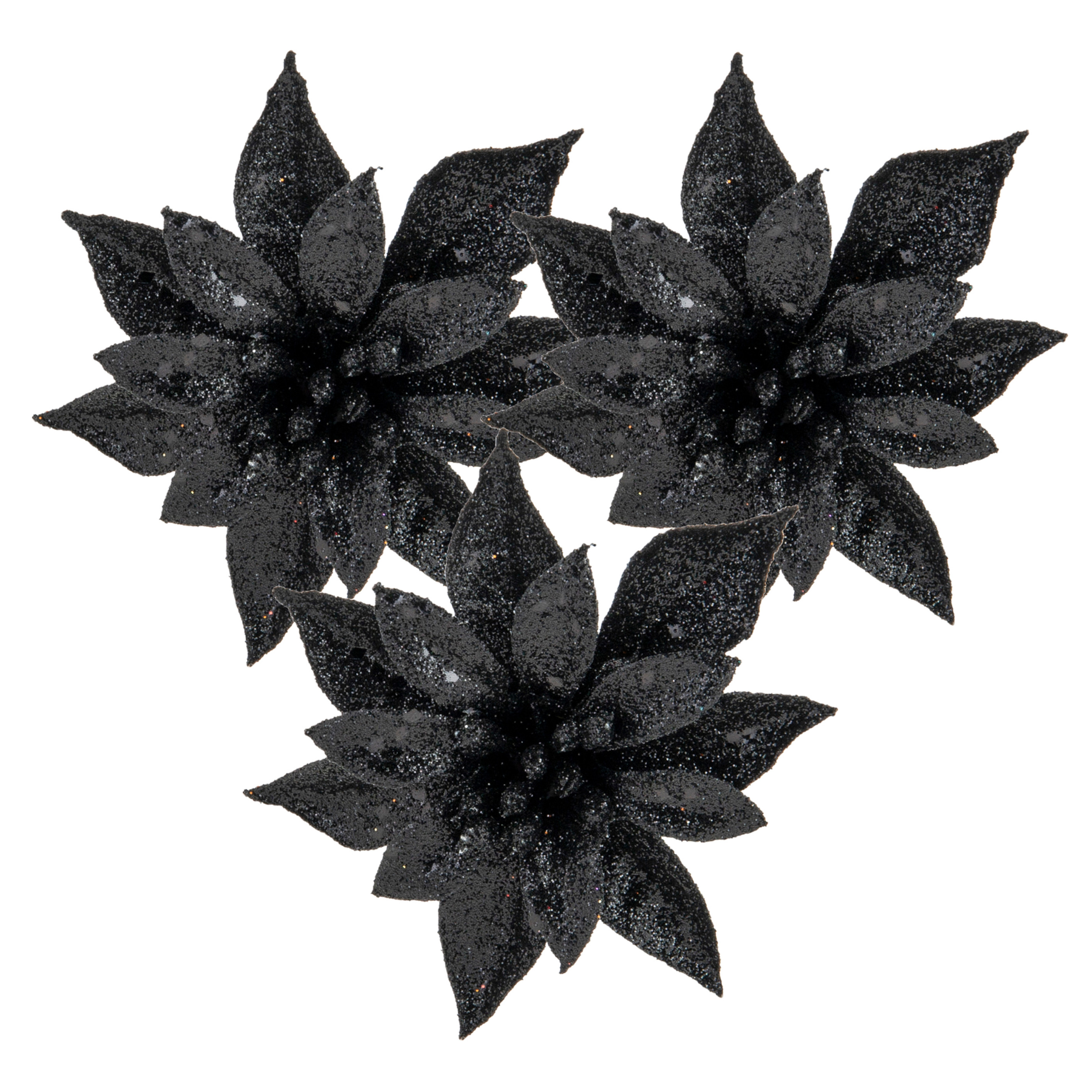 Kerstboom decoratie bloemen op clip - 3x st- zwart - 8 cm - glitters - kunststof -