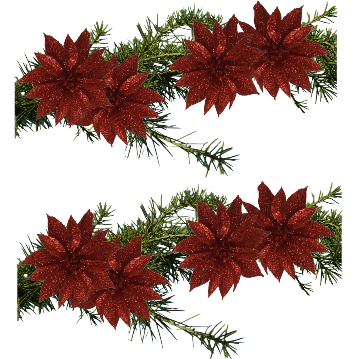 8x stuks kerstboom glitter decoratie bloemen op clip rood 9.5 cm -