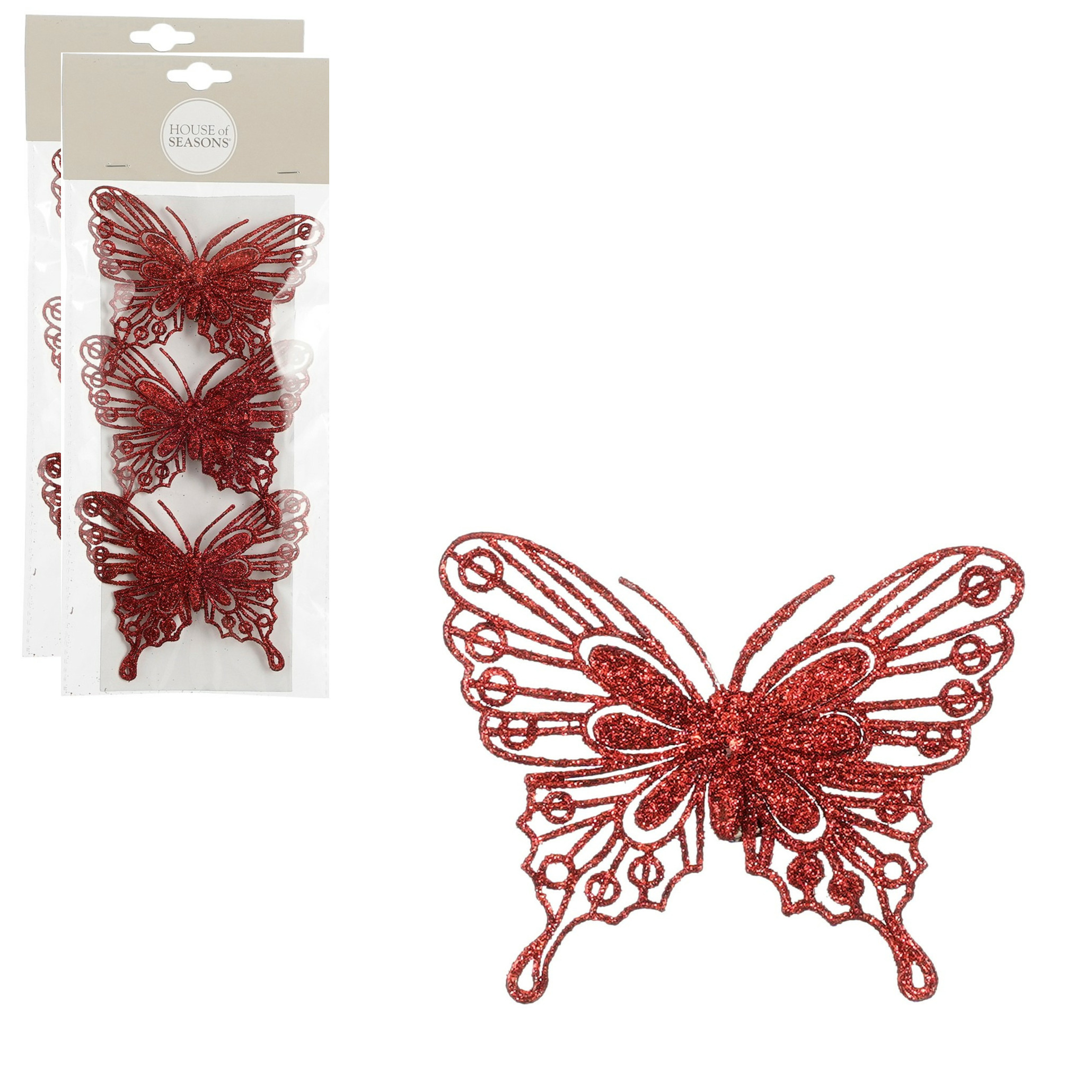 Kerstboomversiering vlinders op clip - 12x stuks - rood - 10 cm - kunststof -