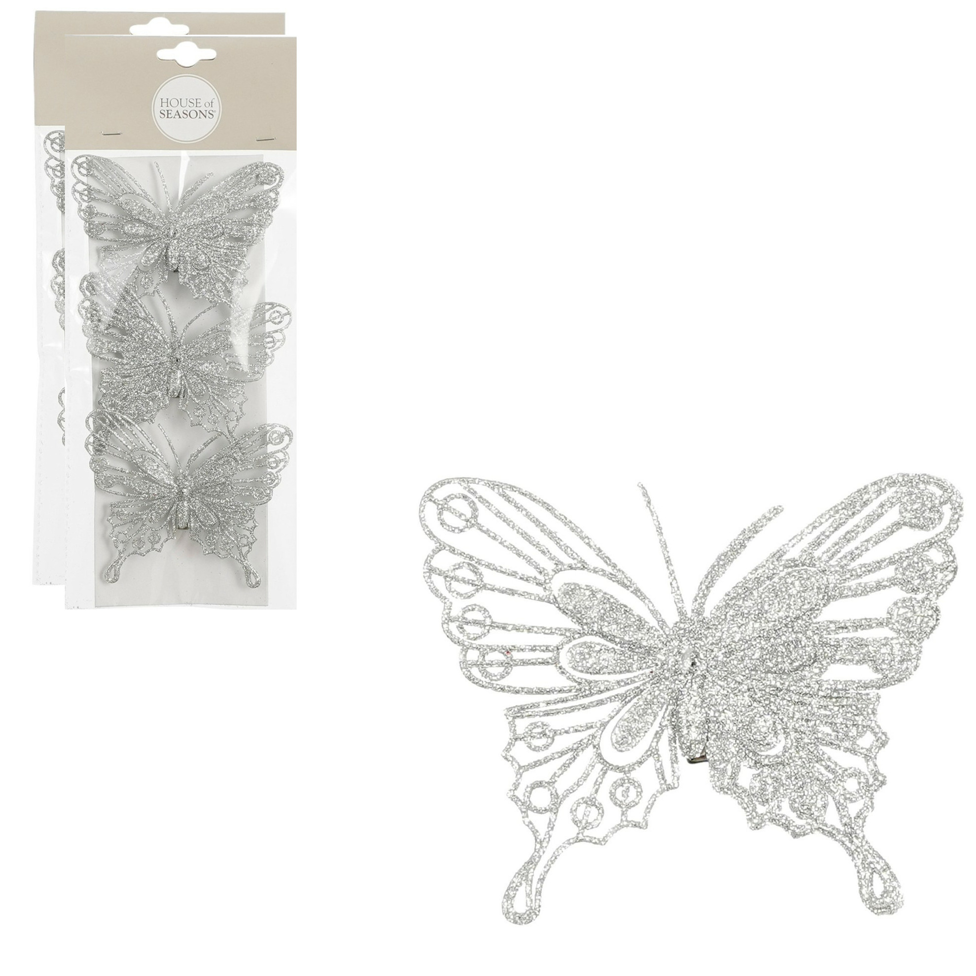 Kerstboomversiering vlinders op clip - 12x stuks - zilver - 10 cm - kunststof -