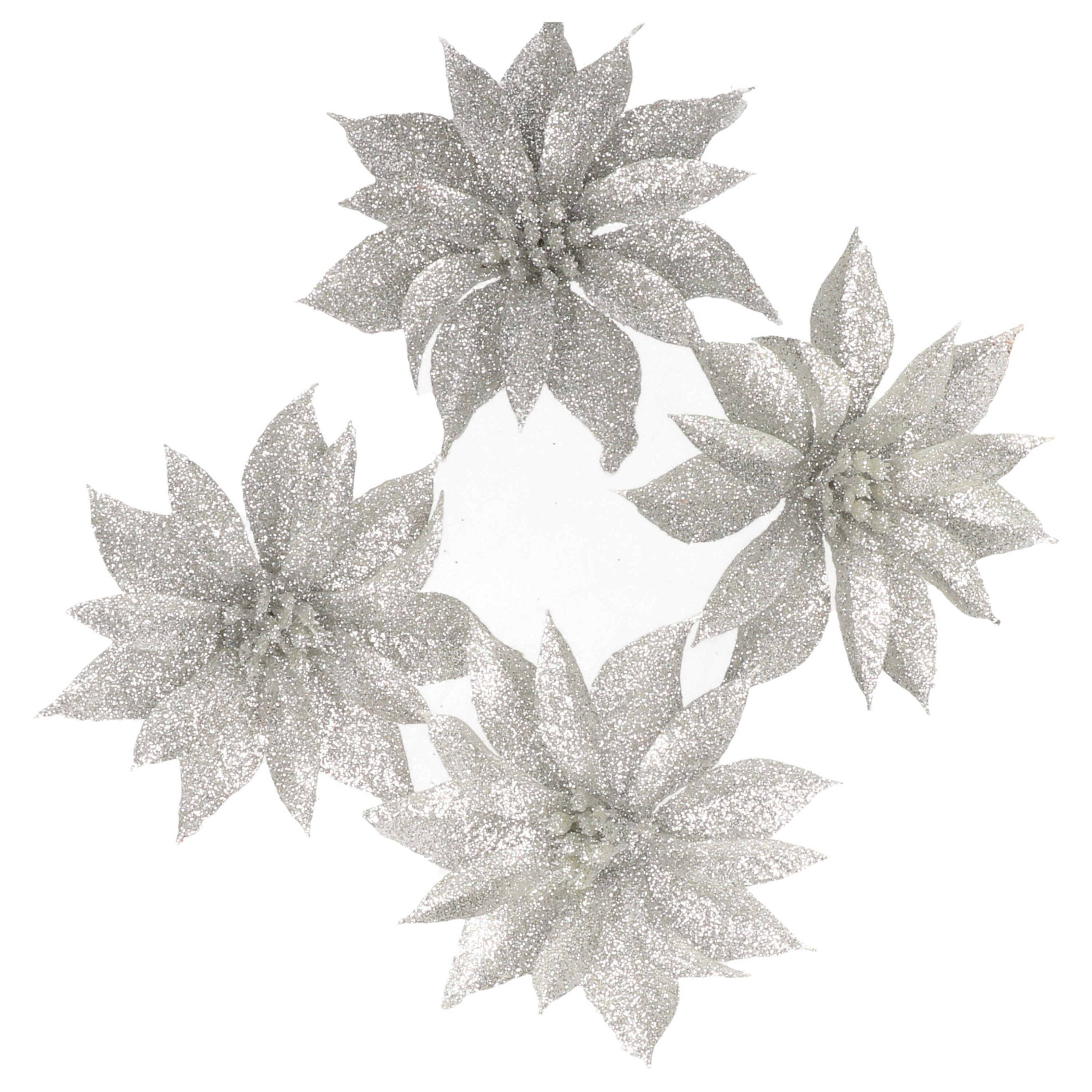 4x stuks kerstboom decoratie bloemen op clip zilver glitter 9.5 cm -