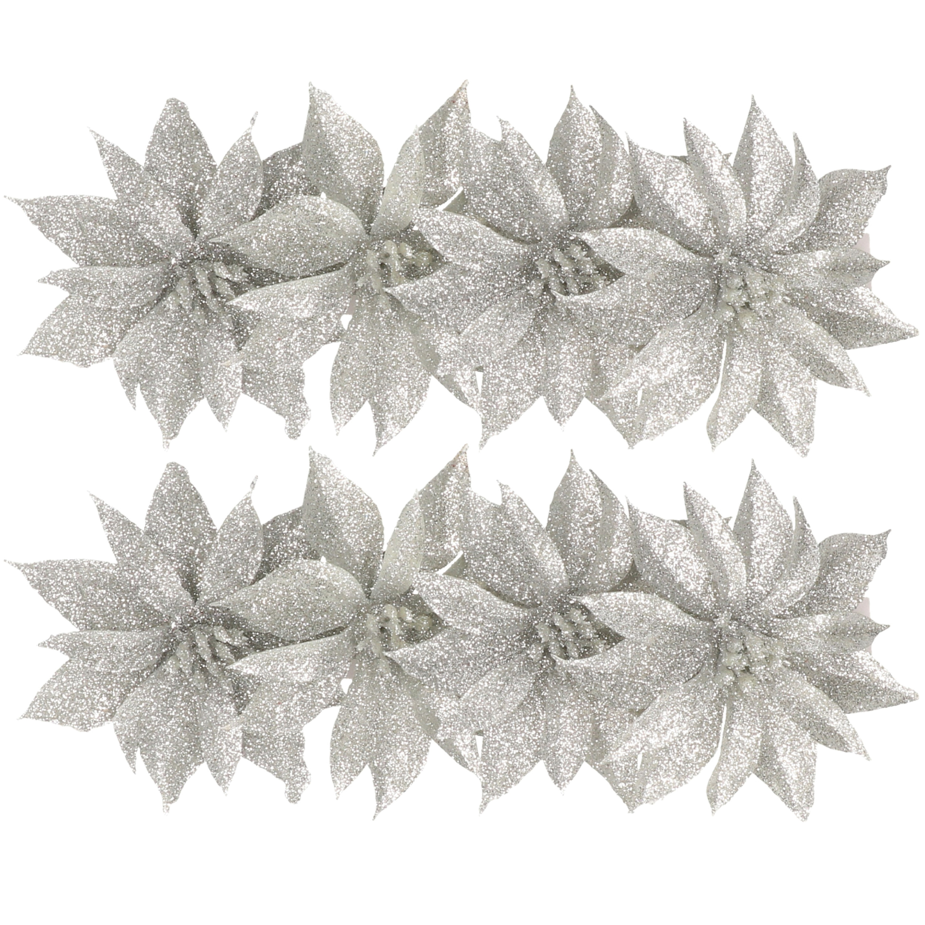 Kerstboom bloemen op clip 8x stuks zilver glitter 9.5 cm -
