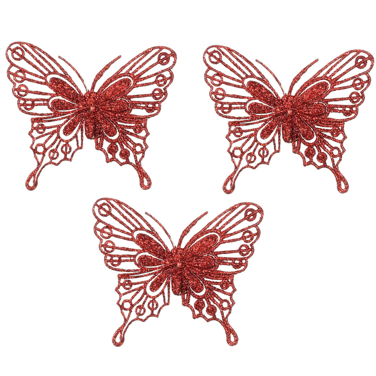 Kerstboomversiering vlinders op clip - 3x stuks - rood - 10 cm - kunststof -