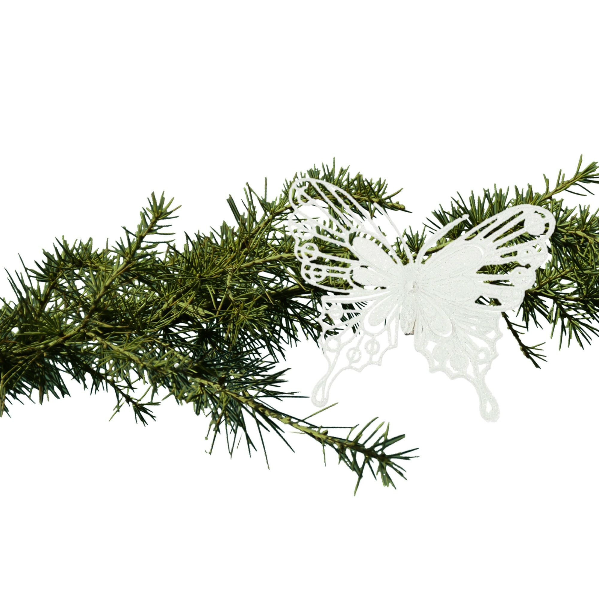 Kerstboomversiering vlinders op clip - 12x stuks - wit - 10 cm - kunststof -