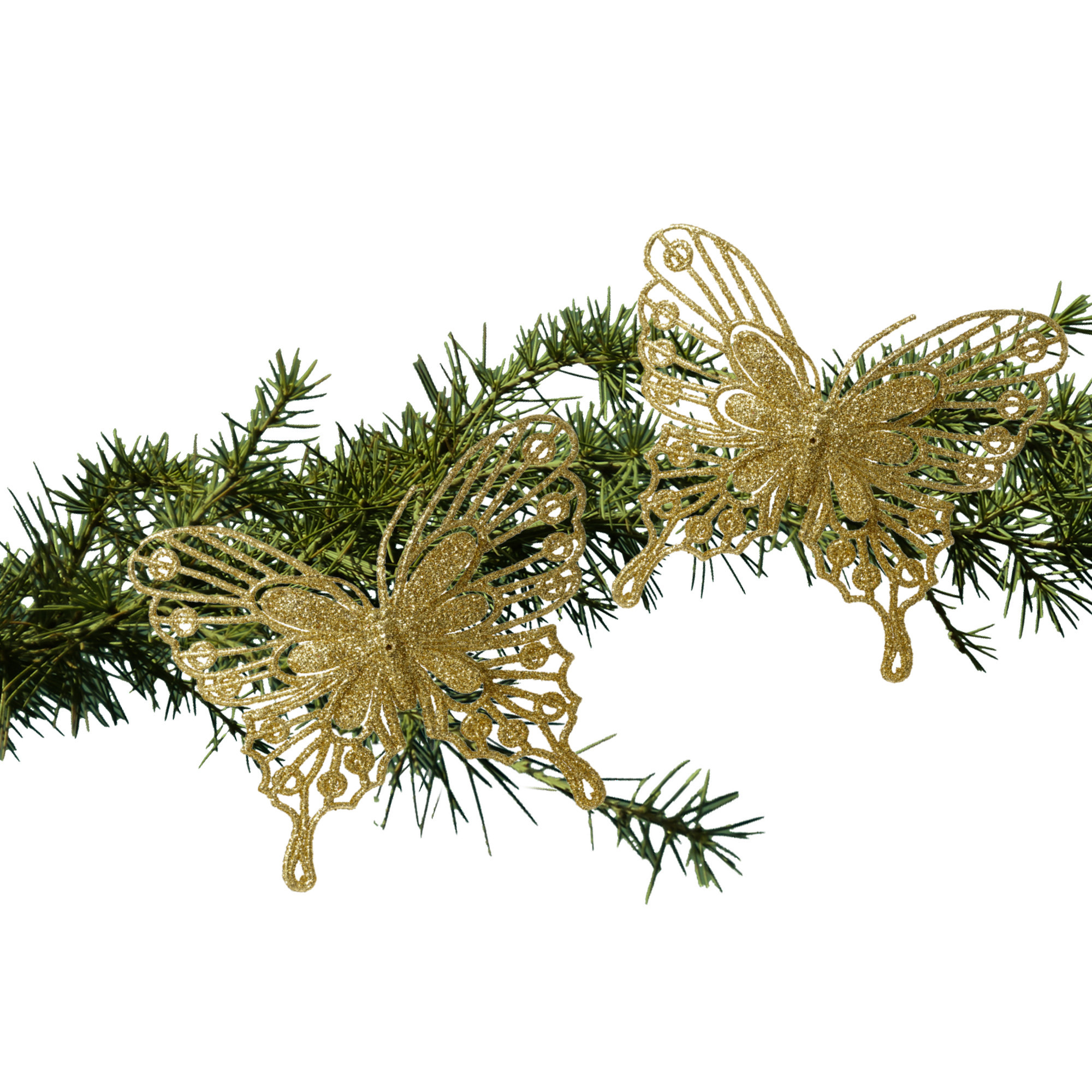 Kerstboom decoratie vlinders op clip - 2x - goud - 13 cm - glitter -