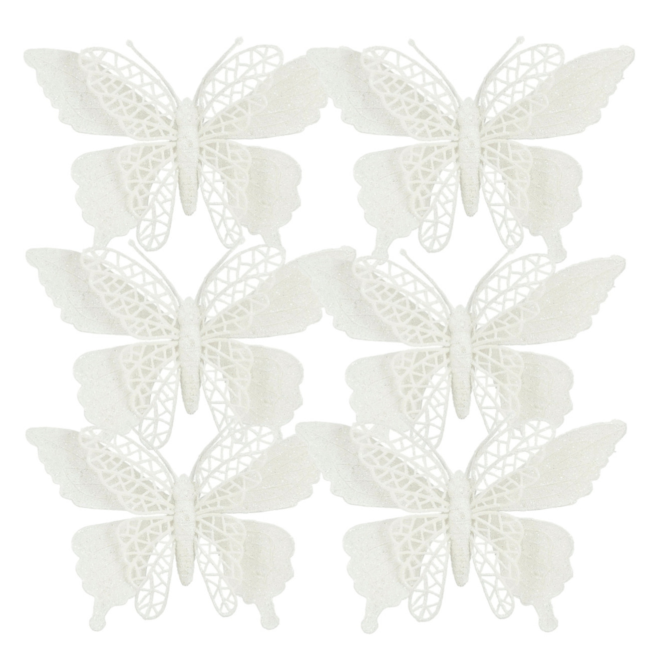 Kerstboomversiering vlinders op clip - 6x st - wit - 16 cm - kunststof -