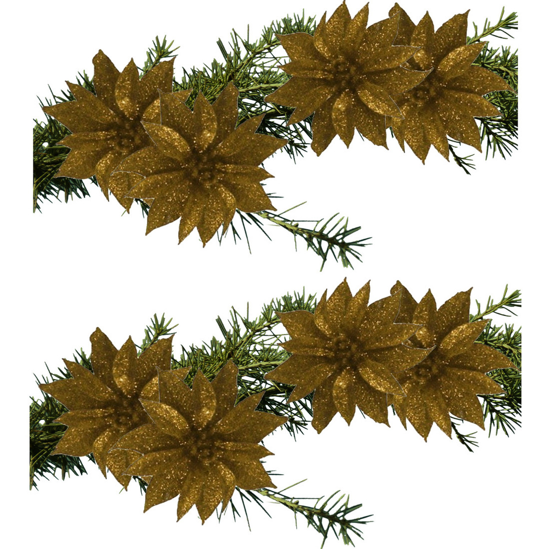 8x stuks kerstboom bloemen op clip glitter goud 9.5 cm -