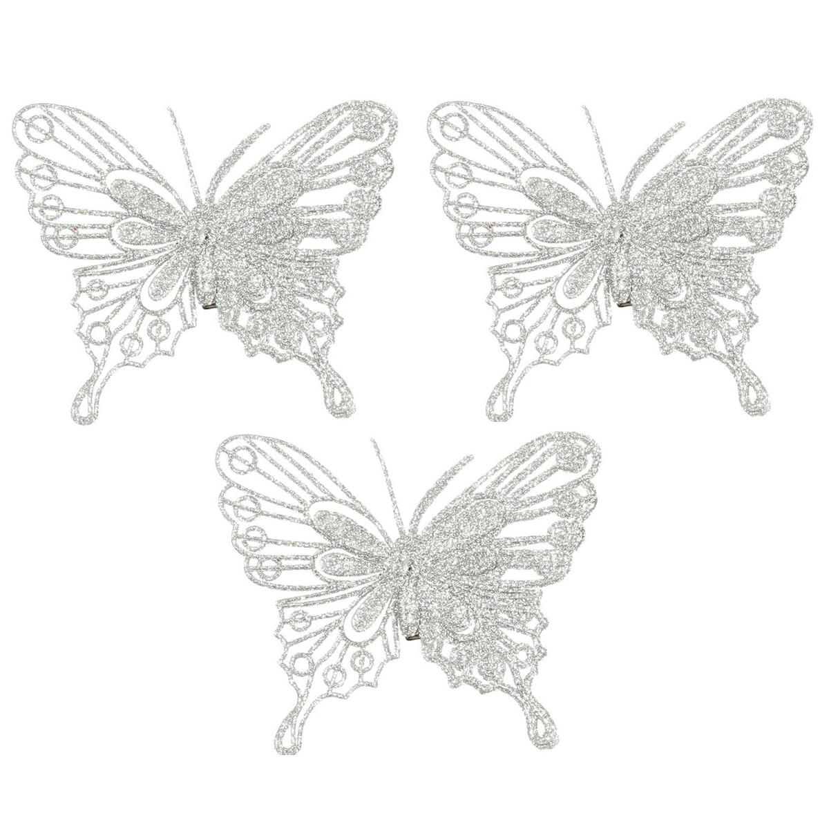 Kerstboomversiering vlinders op clip - 3x stuks - zilver - 10 cm - kunststof -