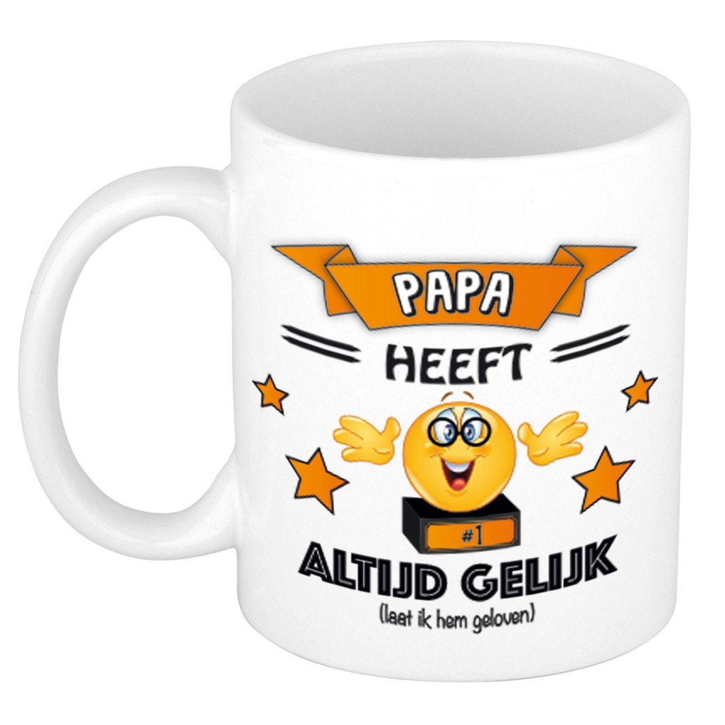 Vader/papa cadeau mok - altijd gelijk - oranje - 300 ml - vaderdag/verjaardag -