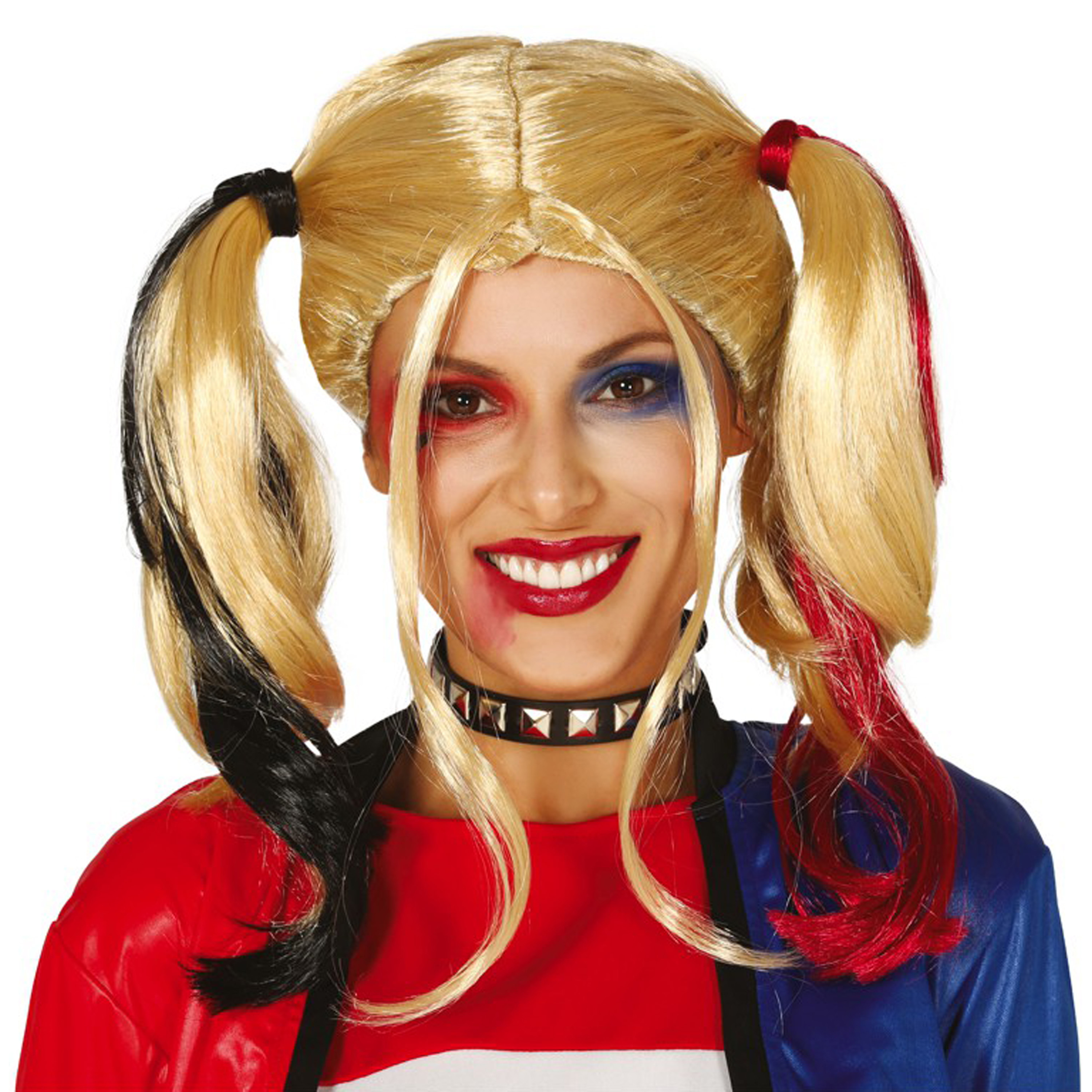 Halloween verkleedpruik lang haar met staartjes - zwart/blond/rood - dames -