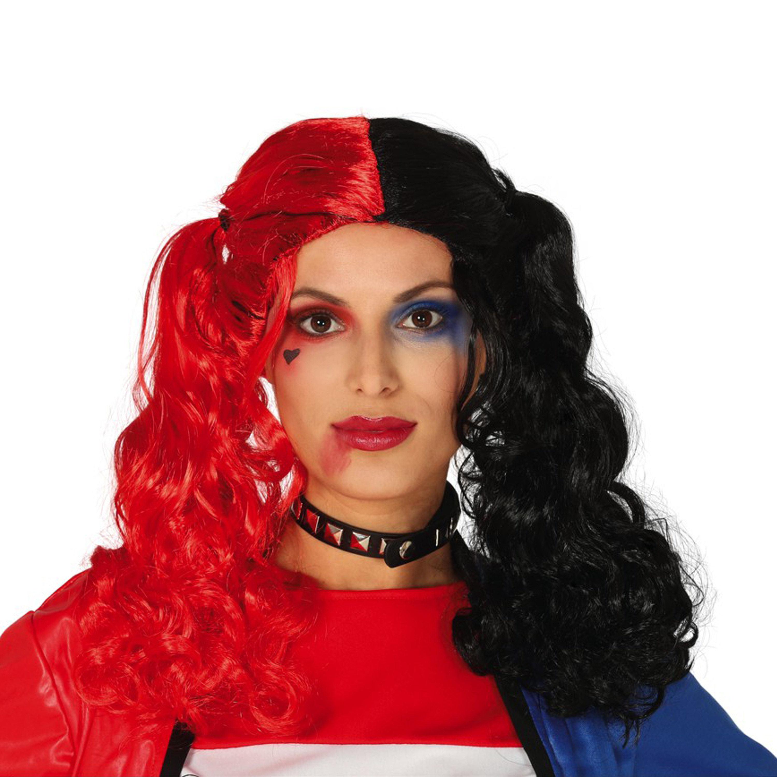 Halloween verkleedpruik lang haar met staartjes - zwart/rood - dames -