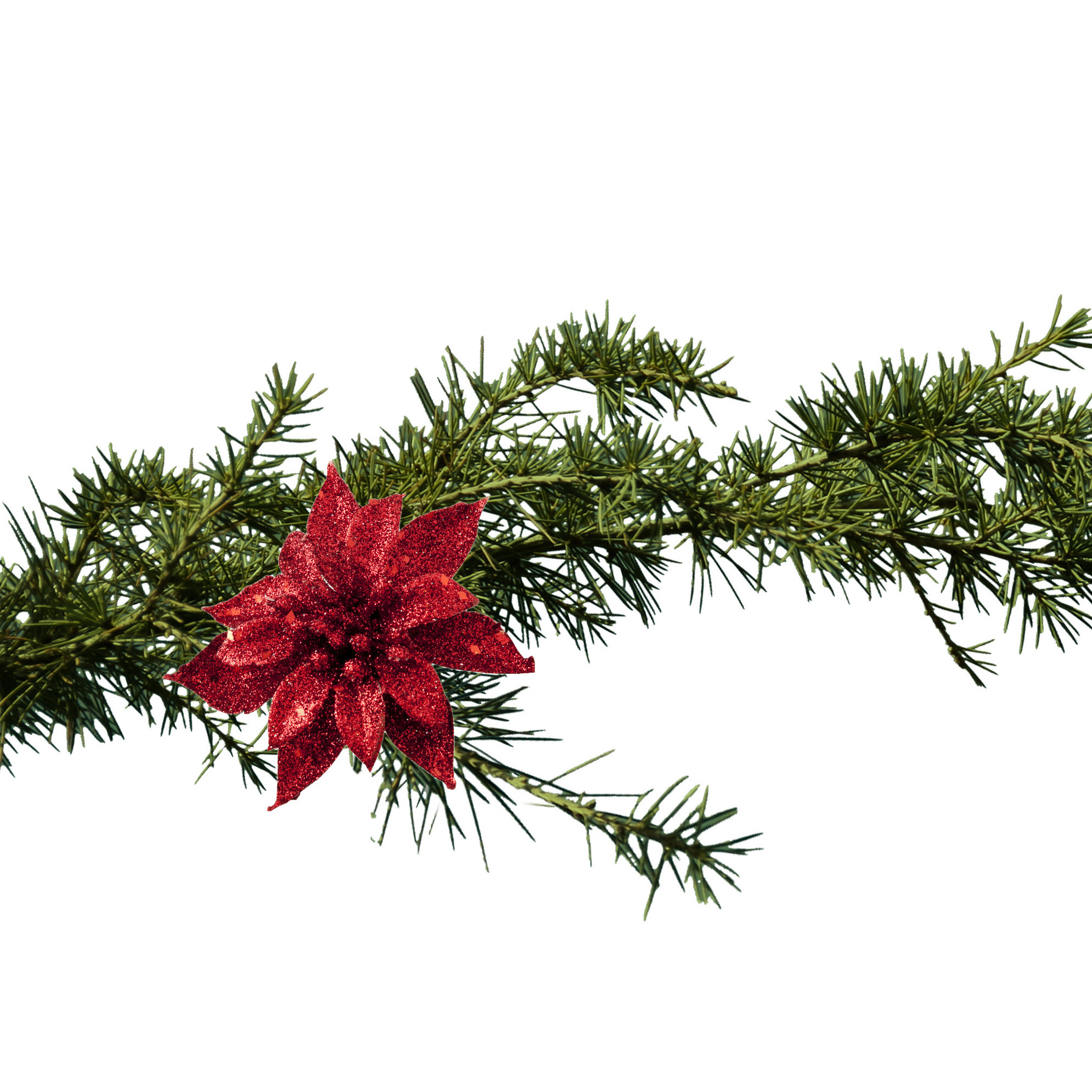 Kerstboomversiering bloem op clip - rood - 8 cm - glitters - kunststof -