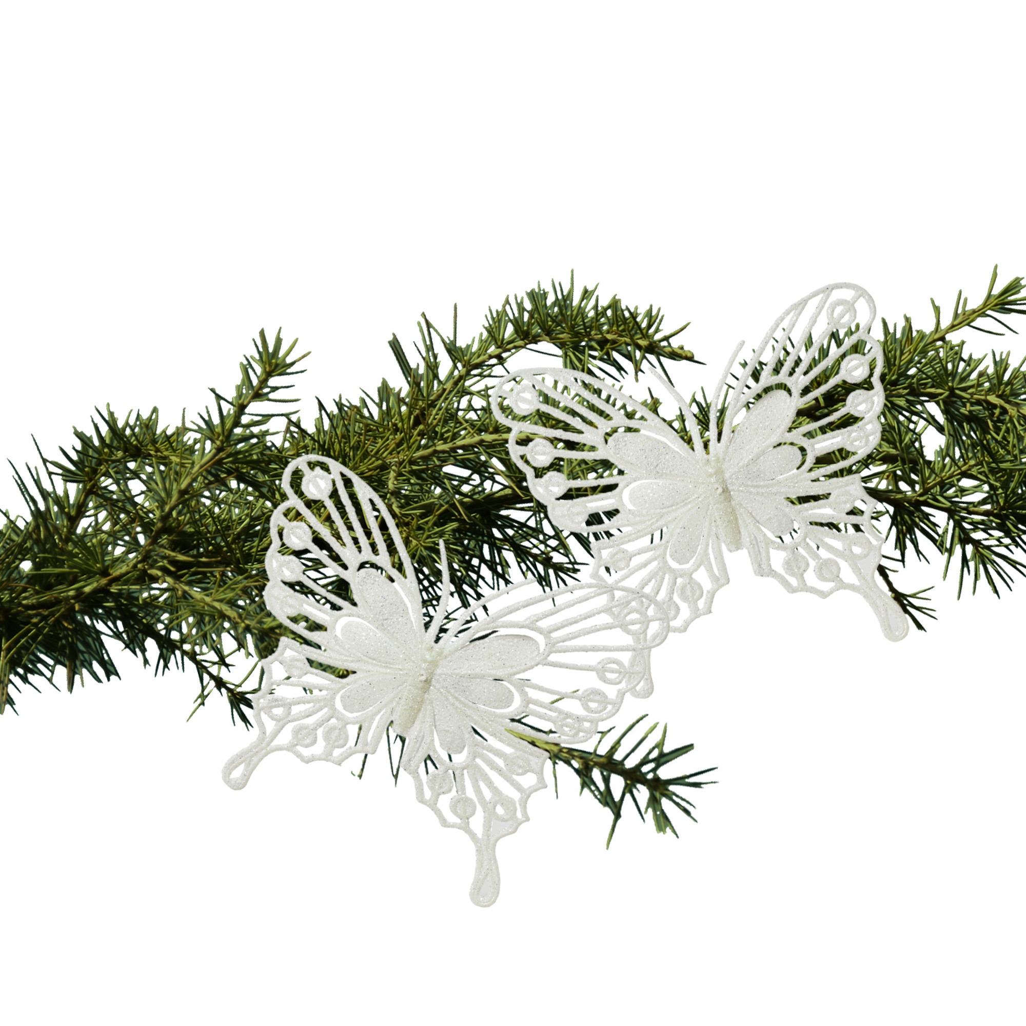Kerstboom ornamenten vlinders op clip - 2x - wit - 13 cm - glitter -