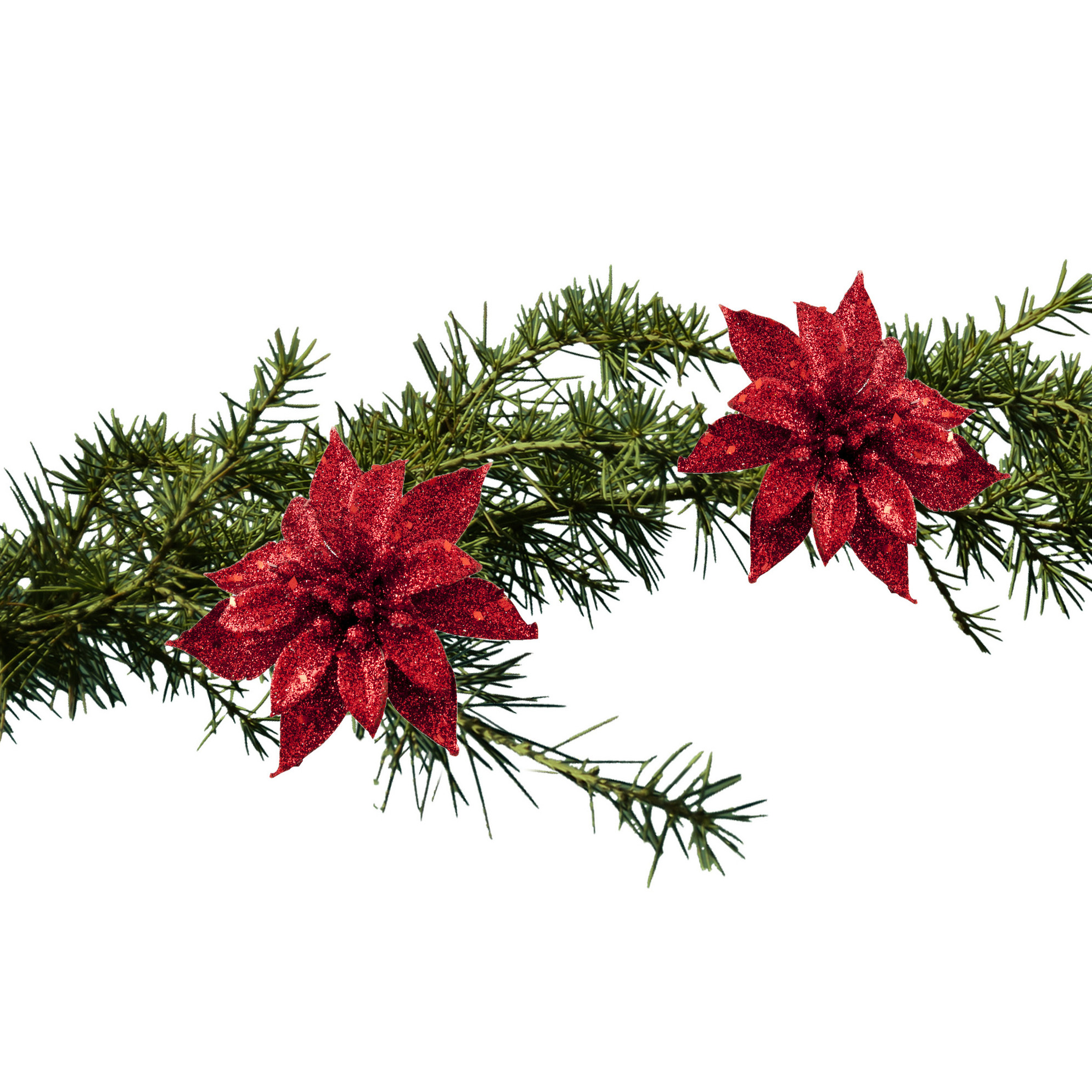 Kerstboomversiering bloemen op clip - 2x st - rood - 8 cm - glitters - kunststof -