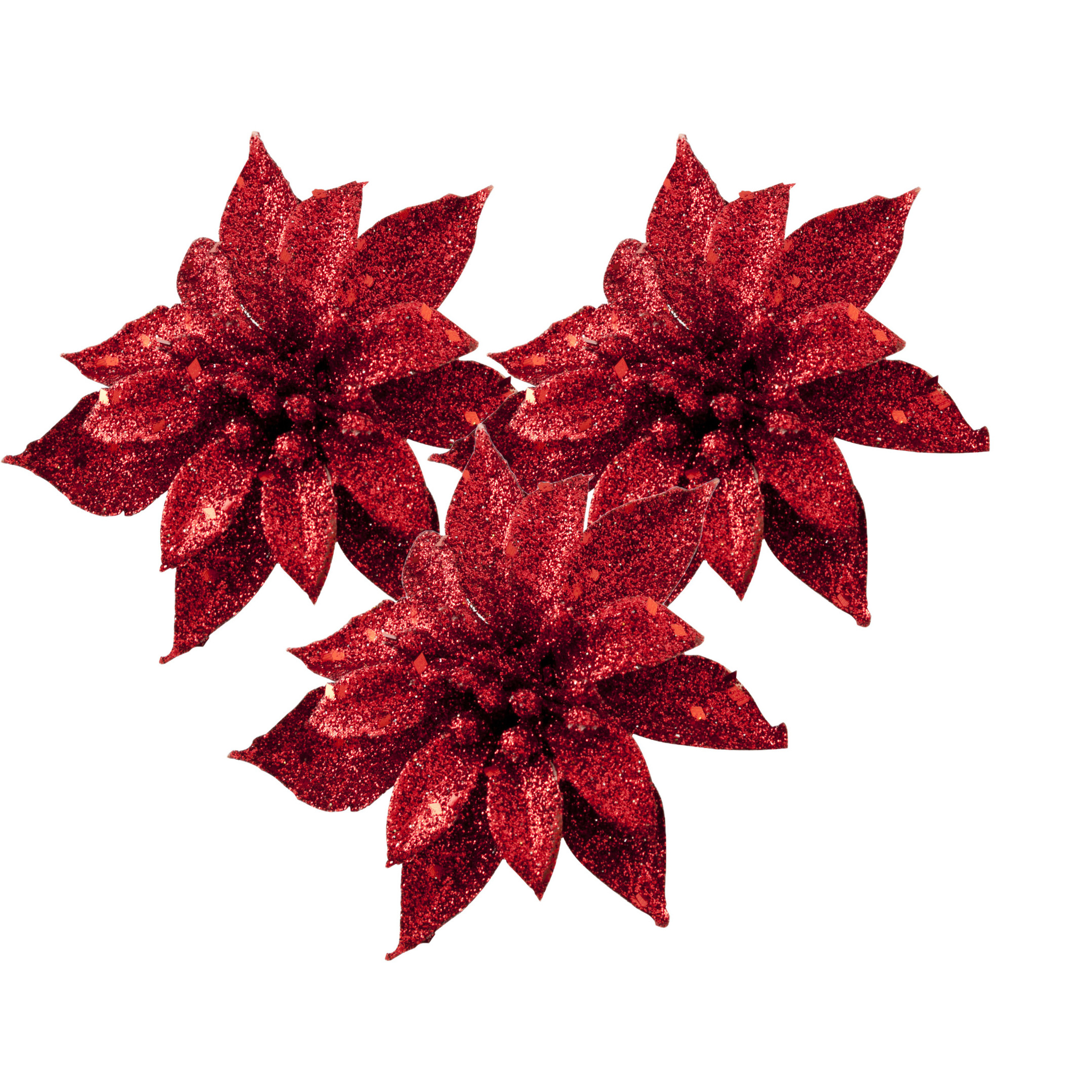 Kerstboomversiering bloemen op clip - 3x st - rood - 8 cm - glitters - kunststof -