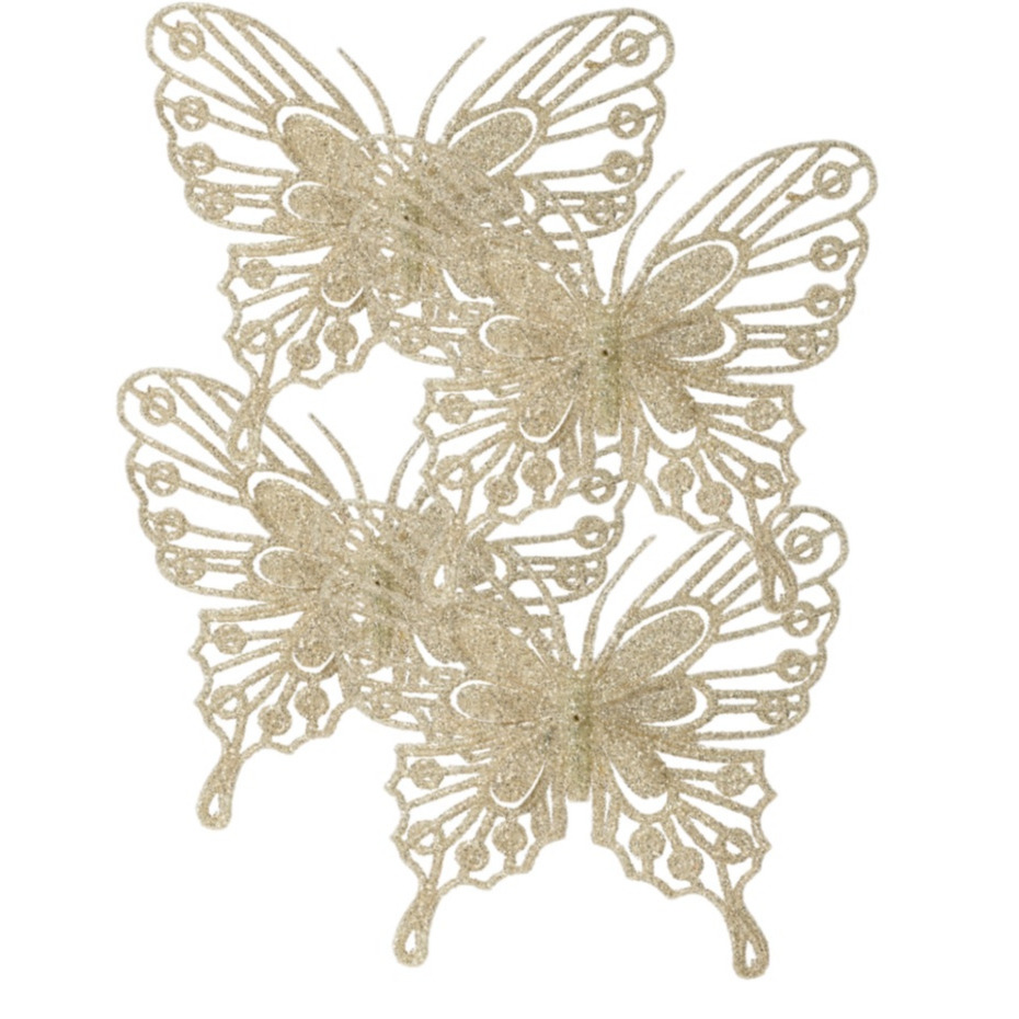 Kerstboomversiering vlinders op clip - 4x - champagne - 13 cm - glitter -