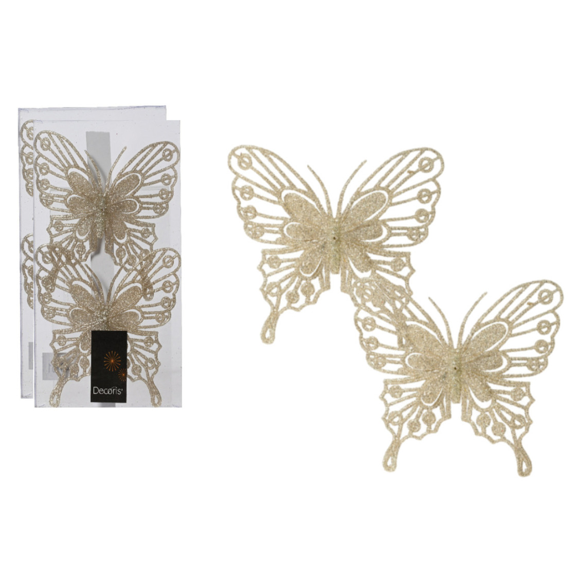 Kerstboom decoratie vlinders op clip - 6x - champagne - 13 cm - glitter -