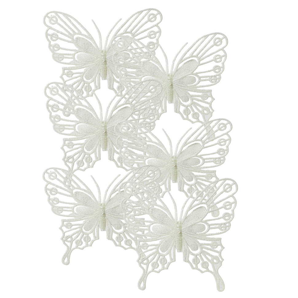Kerstboom ornamenten vlinders op clip - 6x - wit - 13 cm - glitter -