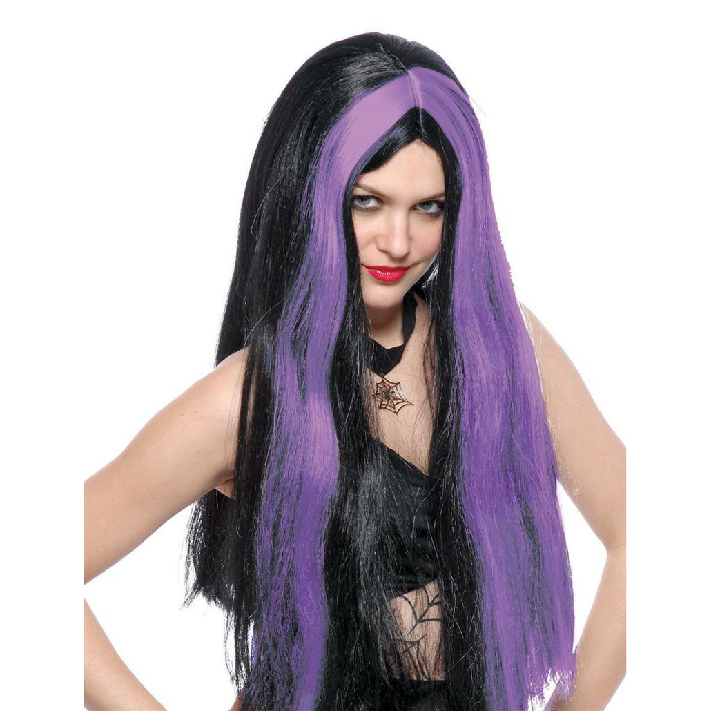 Funny Fashion Heksenpruik lang haar - zwart/paars - dames - Halloween -