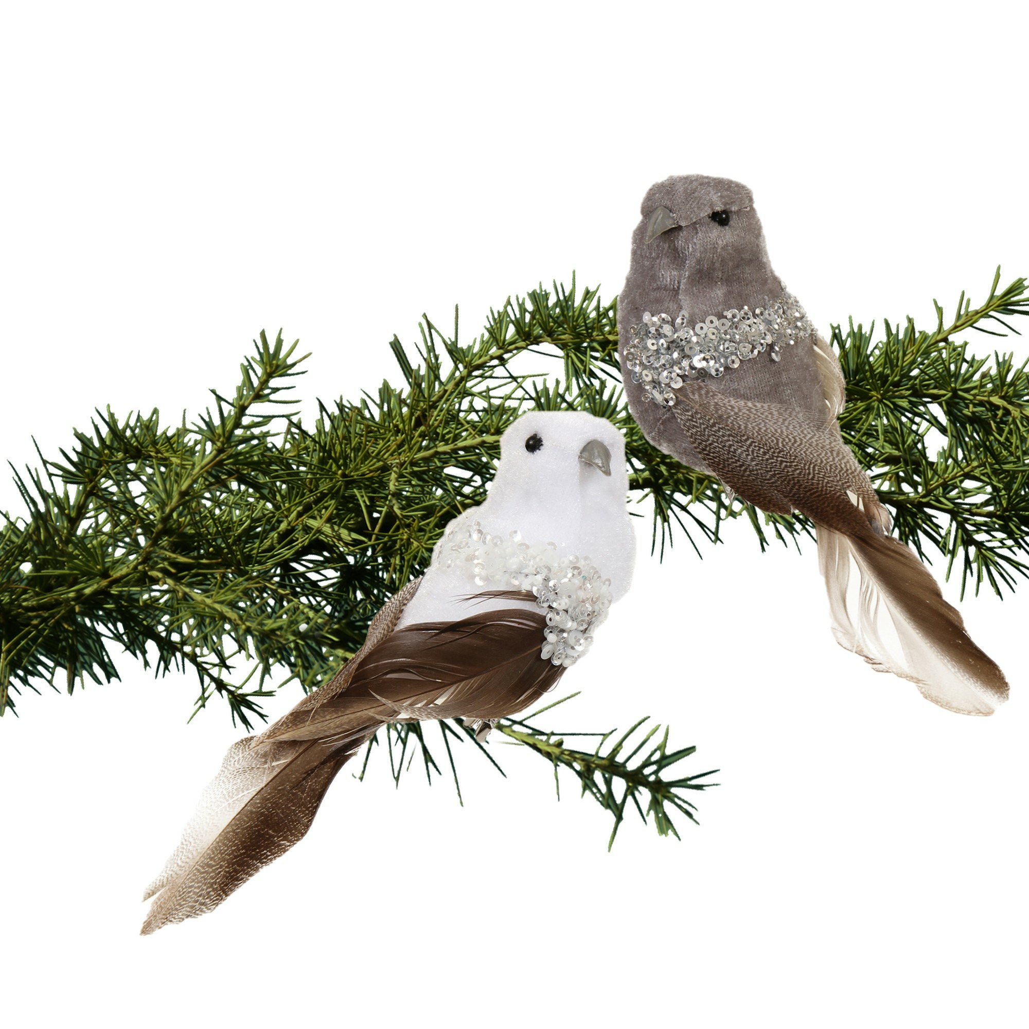 Kerstboomversiering vogels op clip - 6x st - grijs/wit - 17 cm - kunststof -