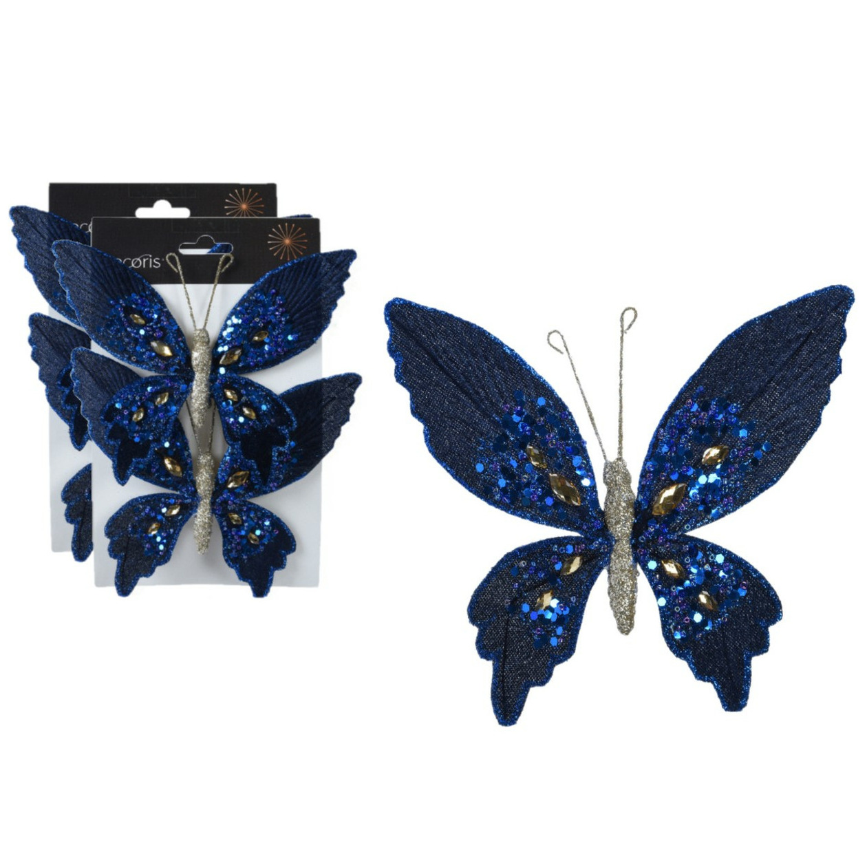 Kerstboomversiering vlinders op clip - 4x st - donkerblauw - 15 cm -kunststof -