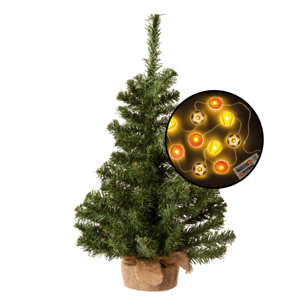 Kleine kunst kerstboom - groen - incl. sport thema lichtsnoer - H60 cm -