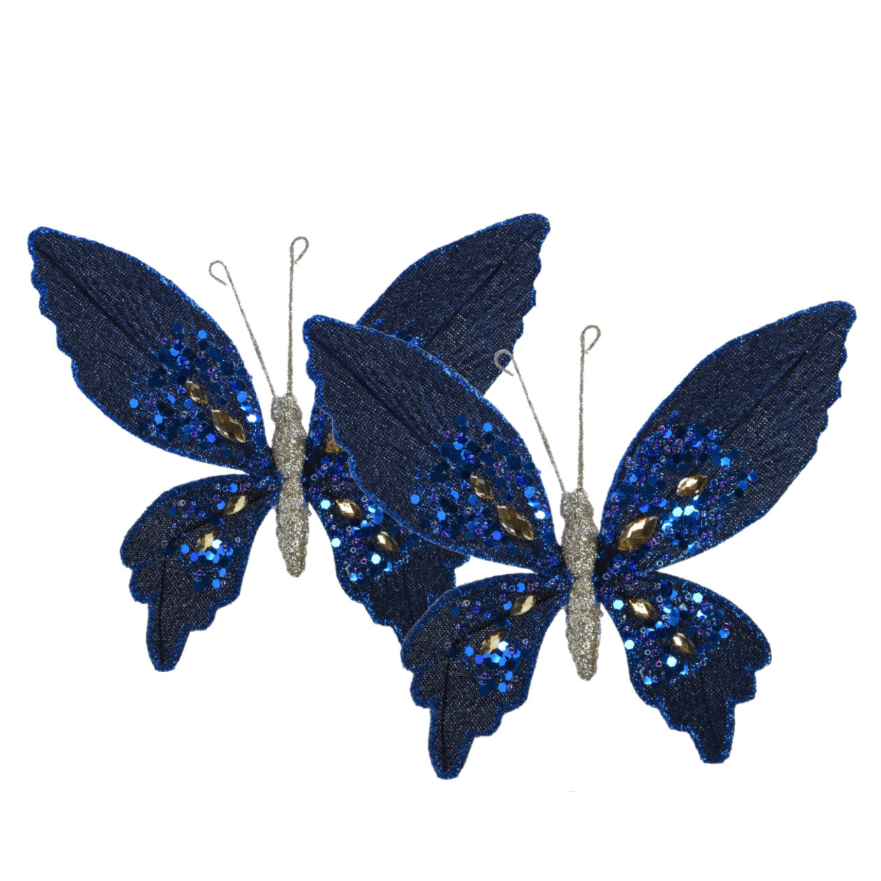 Kerstboomversiering vlinders op clip - 2x st - donkerblauw - 15 cm -kunststof -