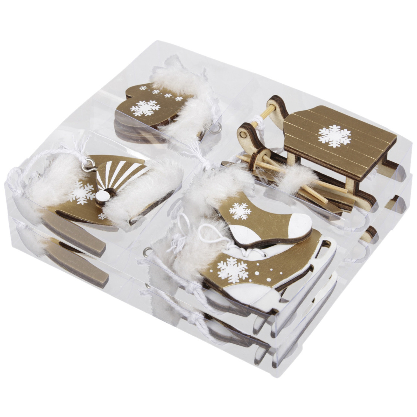Kersthangers wintersport thema - 12x stuks - goud - hout - 5,5 cm -